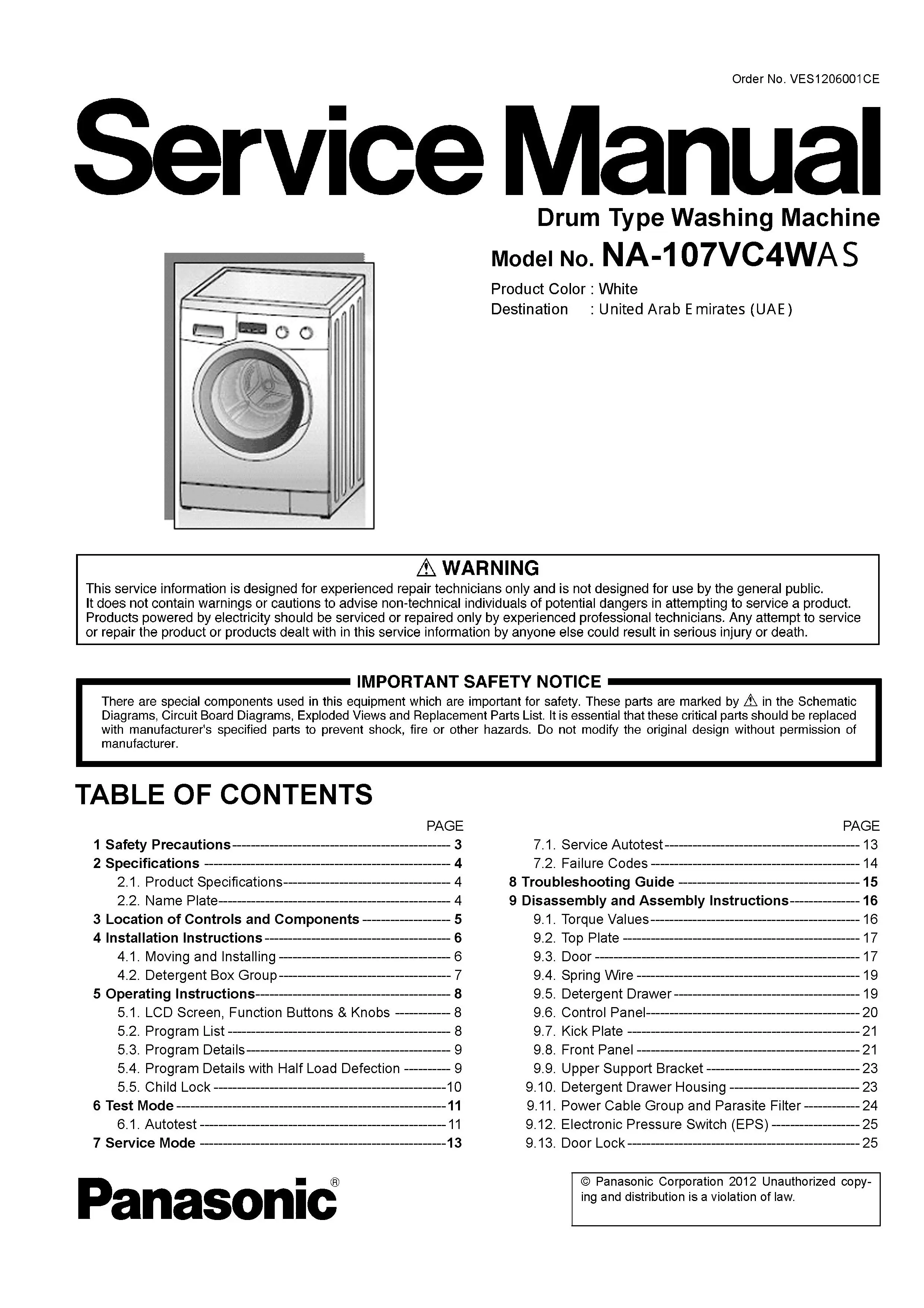 Panasonic na 107vc4 107vc4was service manual cover from Whirlpool emea customer services with model code, manual creation date, manual contents,
