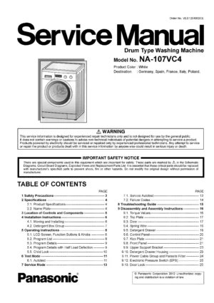 Panasonic na 107vc4 107vc4wes 107vc4wgn 107vc4wta service manual cover from Whirlpool emea customer services with model code, manual creation date, manual contents,