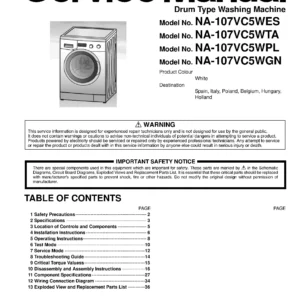 Panasonic na 107vc5 107vc5wes 107vc5wgn service manual cover from Whirlpool emea customer services with model code, manual creation date, manual contents,