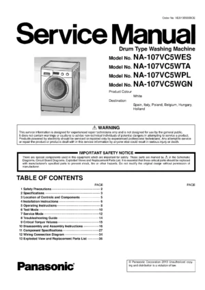 Panasonic na 107vc5 107vc5wes 107vc5wgn service manual cover from Whirlpool emea customer services with model code, manual creation date, manual contents,