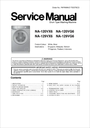 Panasonic na 120vx6 120vg6 129vx6 129vg6 service manual cover from Whirlpool emea customer services with model code, manual creation date, manual contents,