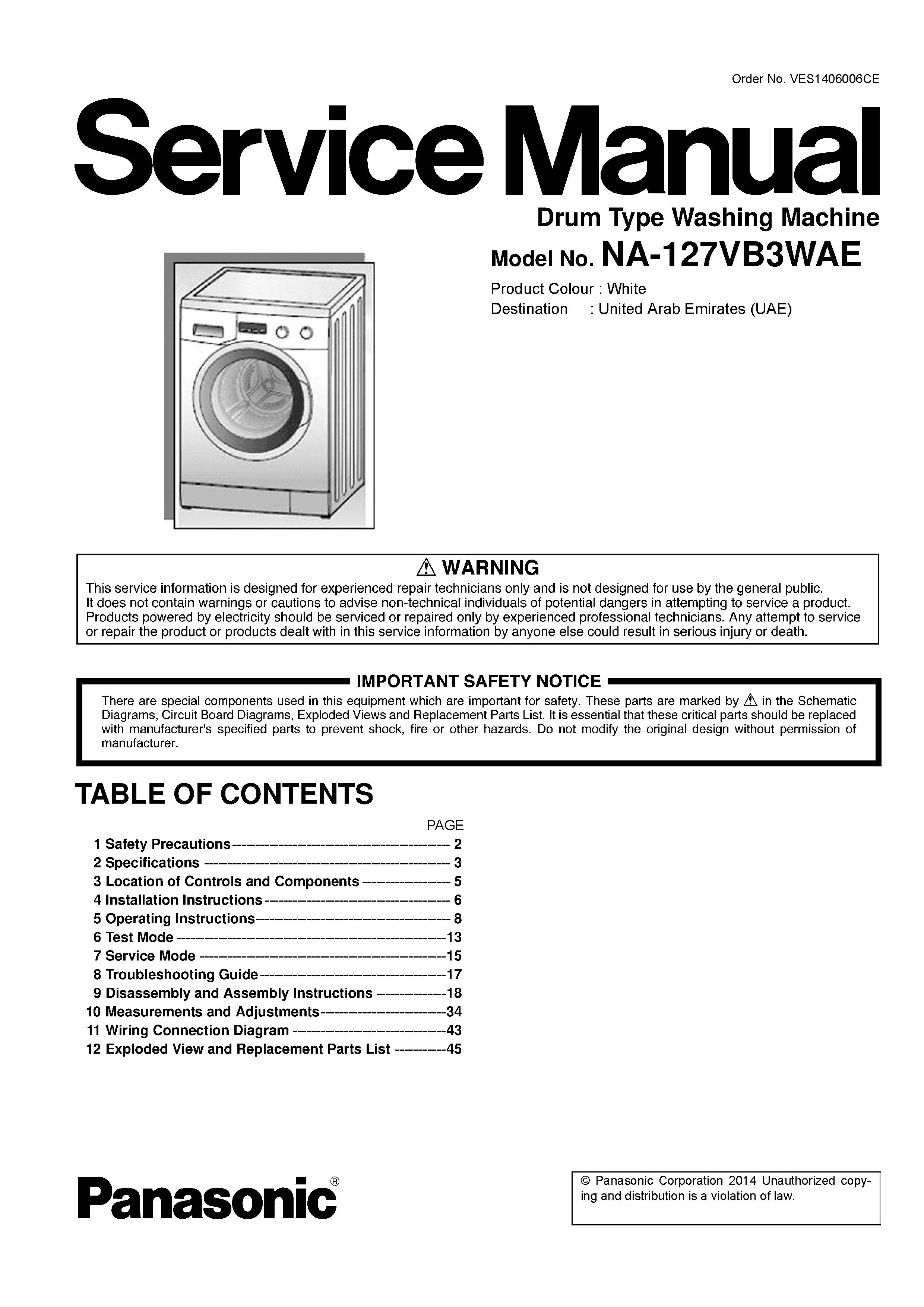Panasonic na 127vb3 127vb3wae service manual cover from Whirlpool emea customer services with model code, manual creation date, manual contents,