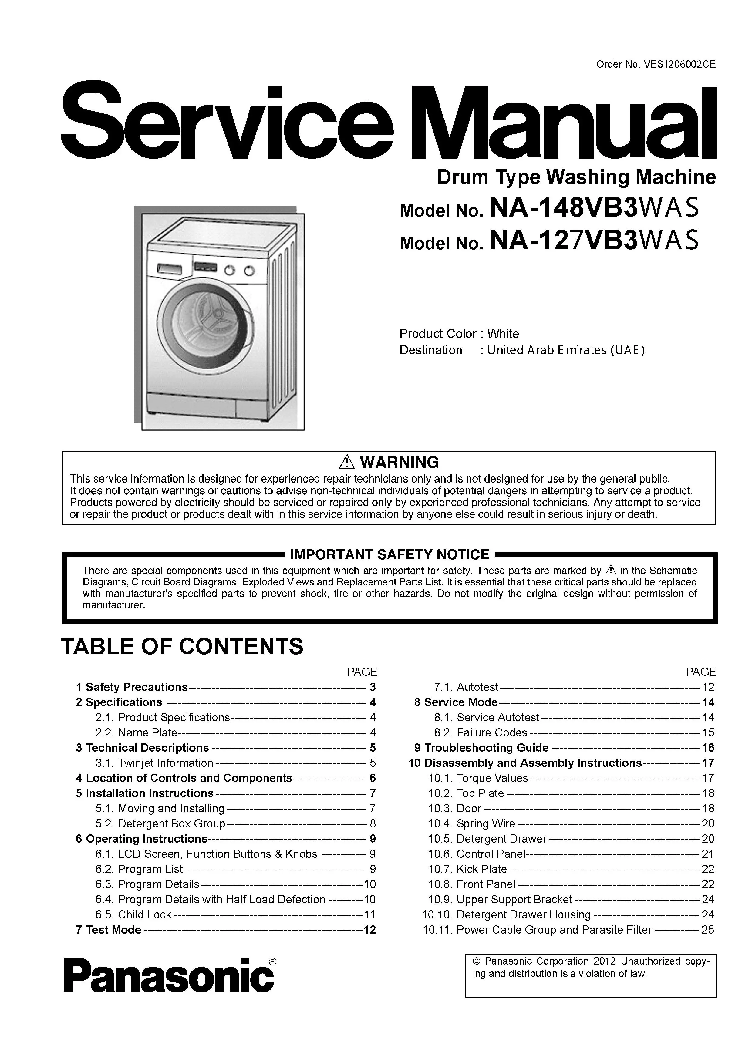 Panasonic na 127vb3 127vb3was service manual cover from Whirlpool emea customer services with model code, manual creation date, manual contents,