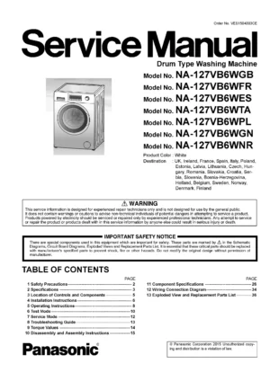 Panasonic na 127vb6 127vb6wes 127vb6wfr 127vb6wgb service manual cover from Whirlpool emea customer services with model code, manual creation date, manual contents,