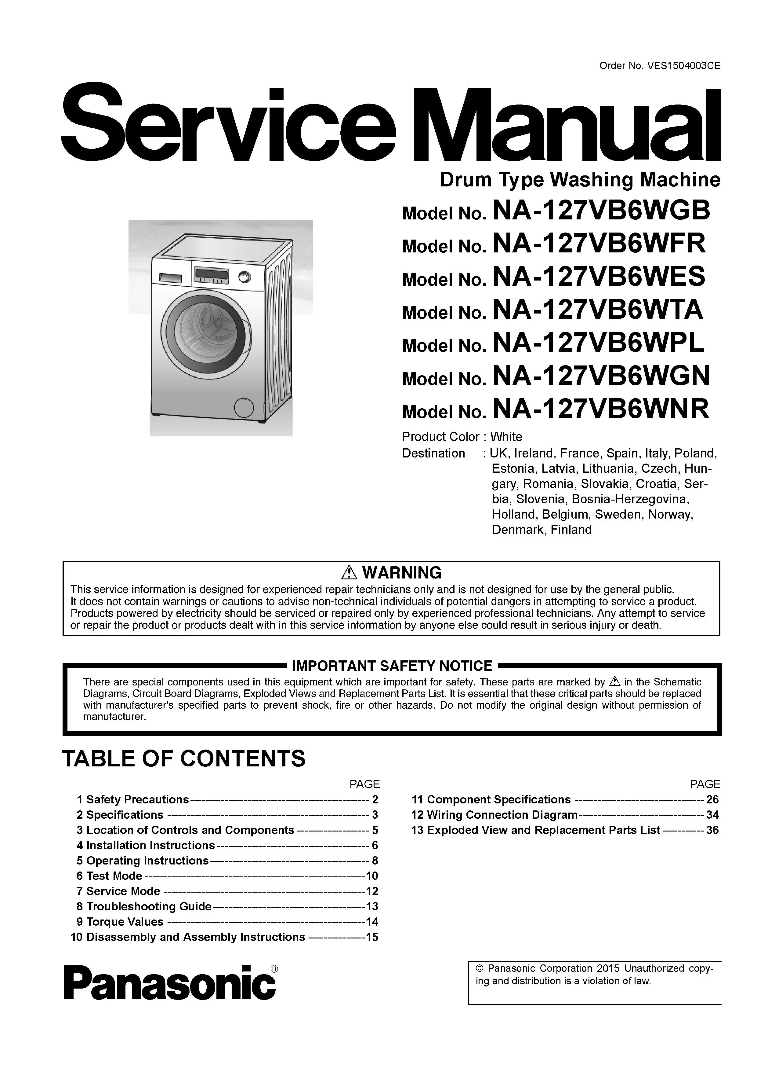 Panasonic na 127vb6 127vb6wes 127vb6wfr 127vb6wgb service manual cover from Whirlpool emea customer services with model code, manual creation date, manual contents,