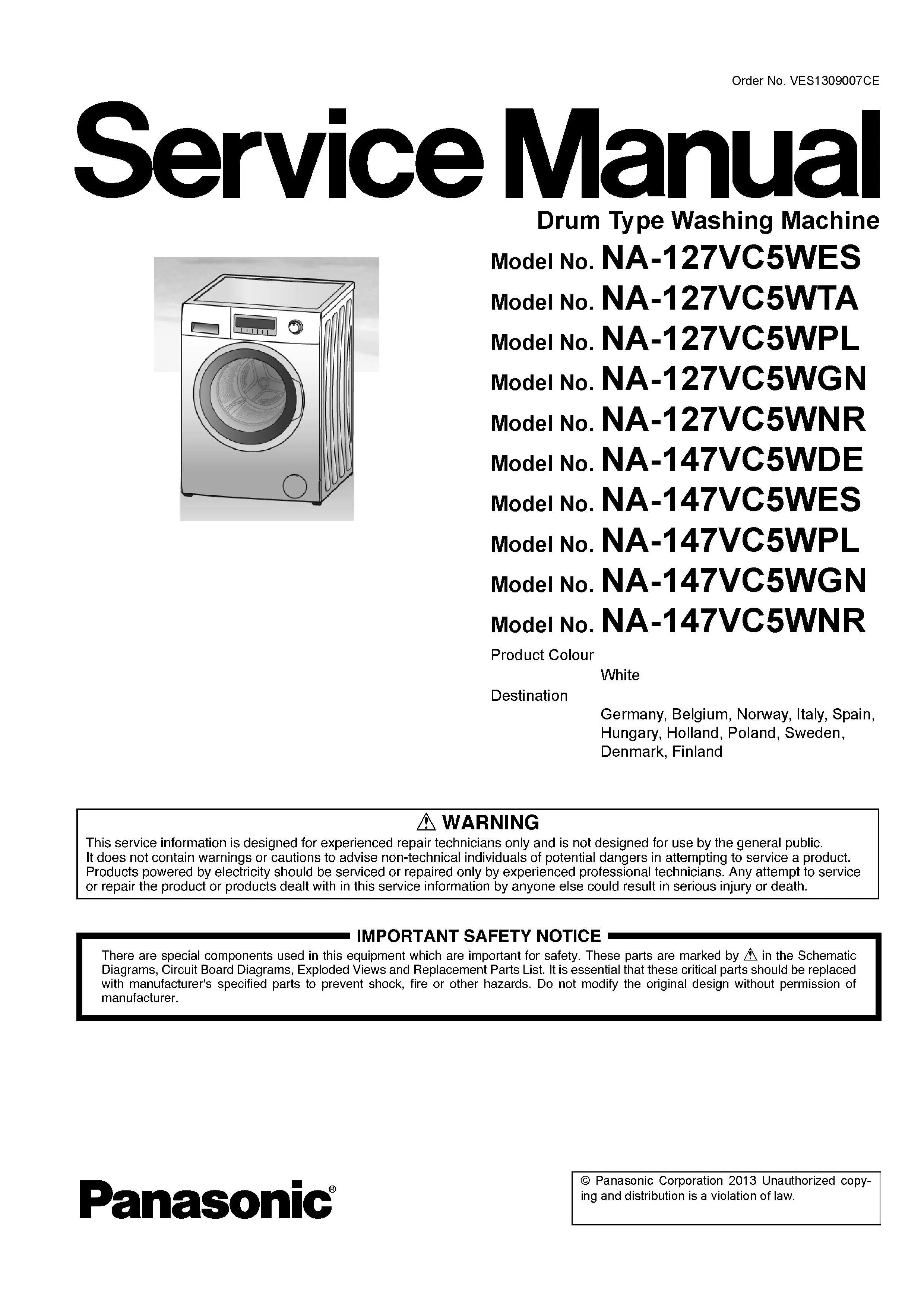 Panasonic na 127vc5 127vc5wes service manual cover from Whirlpool emea customer services with model code, manual creation date, manual contents,