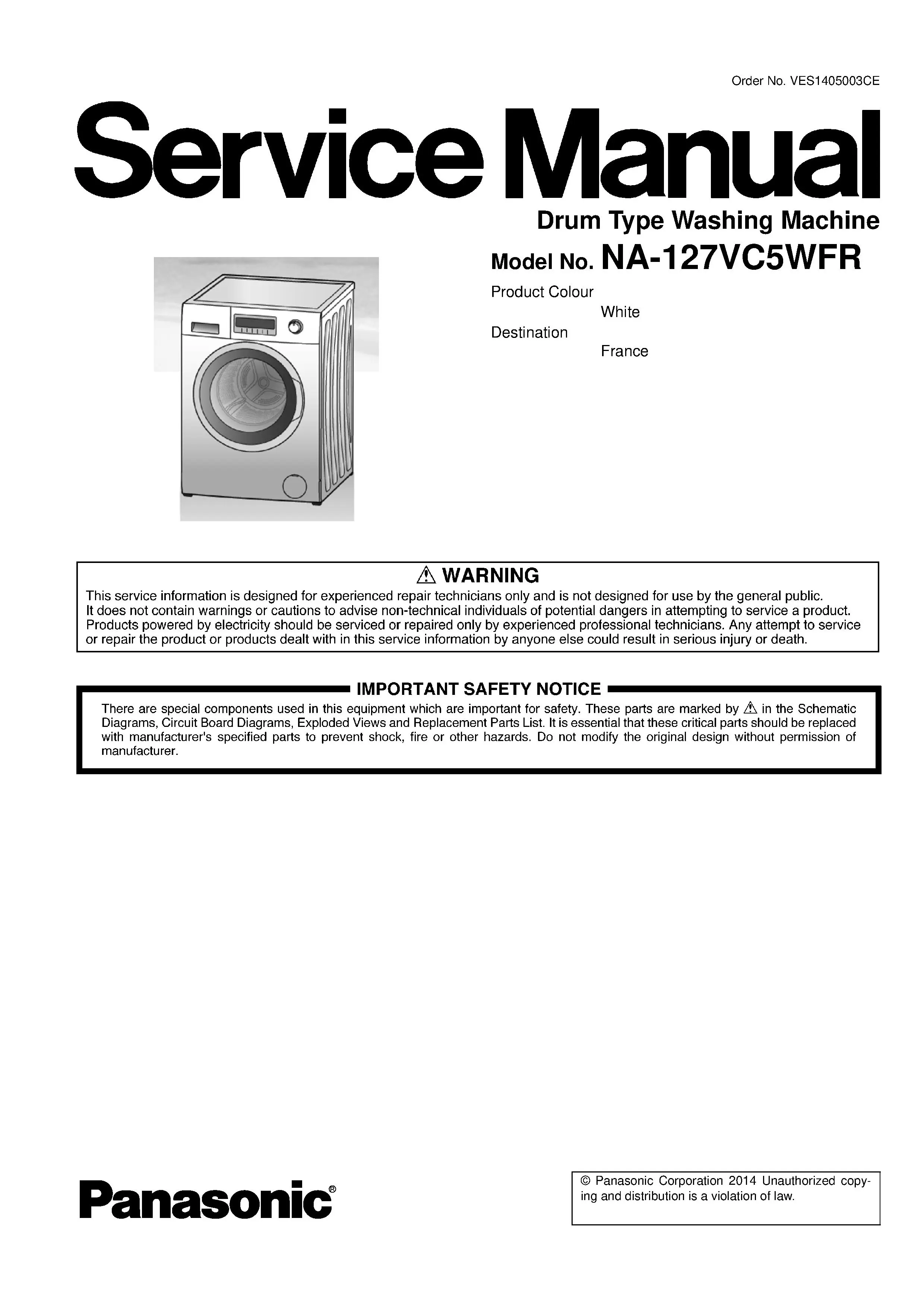 Panasonic na 127vc5 127vc5wfr 127vc5wgn service manual cover from Whirlpool emea customer services with model code, manual creation date, manual contents,