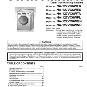 Panasonic na 127vc6 127vc6wes 127vc6wfr service manual cover from Whirlpool emea customer services with model code, manual creation date, manual contents,