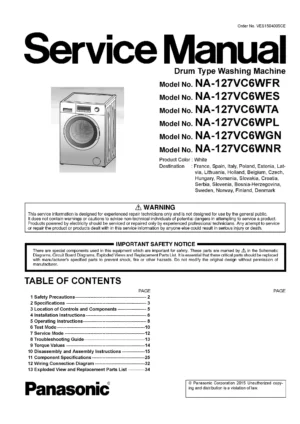 Panasonic na 127vc6 127vc6wes 127vc6wfr service manual cover from Whirlpool emea customer services with model code, manual creation date, manual contents,