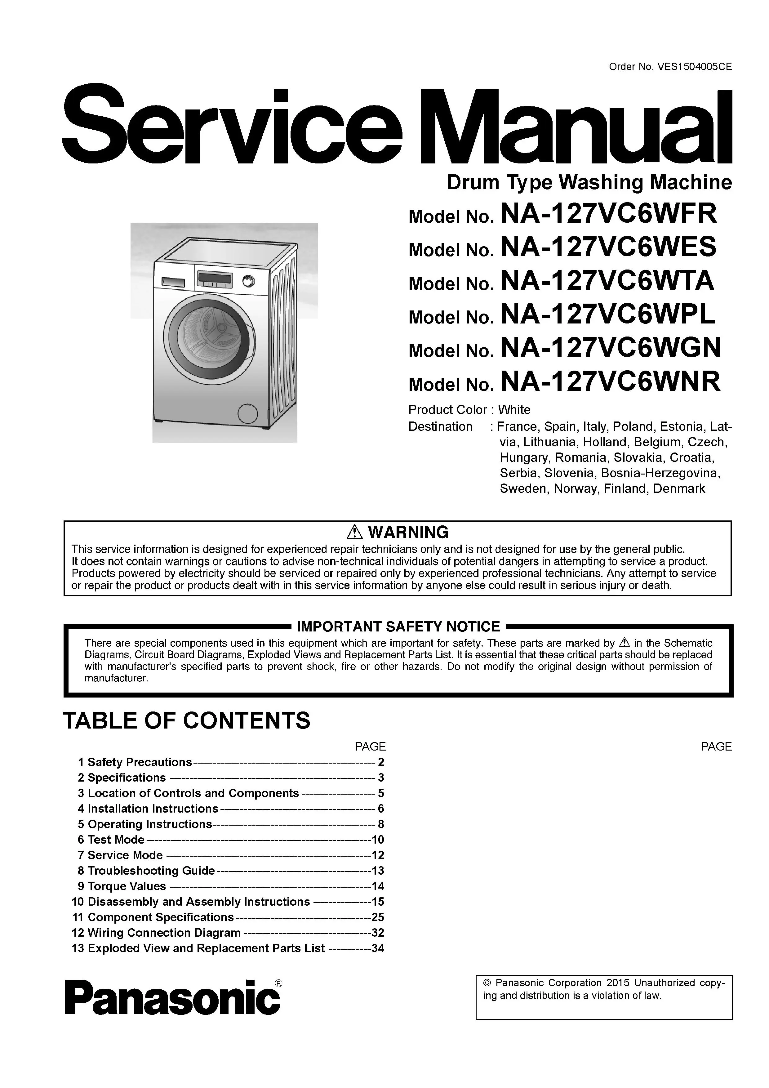 Panasonic na 127vc6 127vc6wgn 127vc6wpl 127vc6wta service manual cover from Whirlpool emea customer services with model code, manual creation date, manual contents,