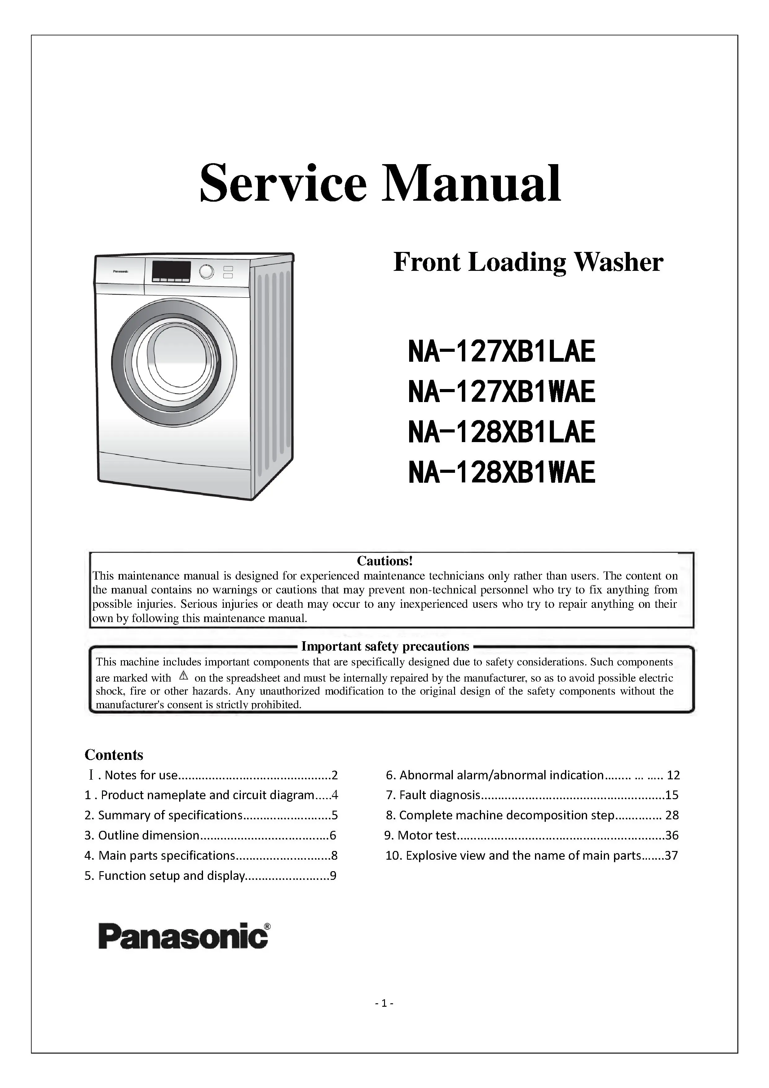 Panasonic na 127xb1 washing machine service manual cover from Whirlpool emea customer services with model code, manual creation date, manual contents,