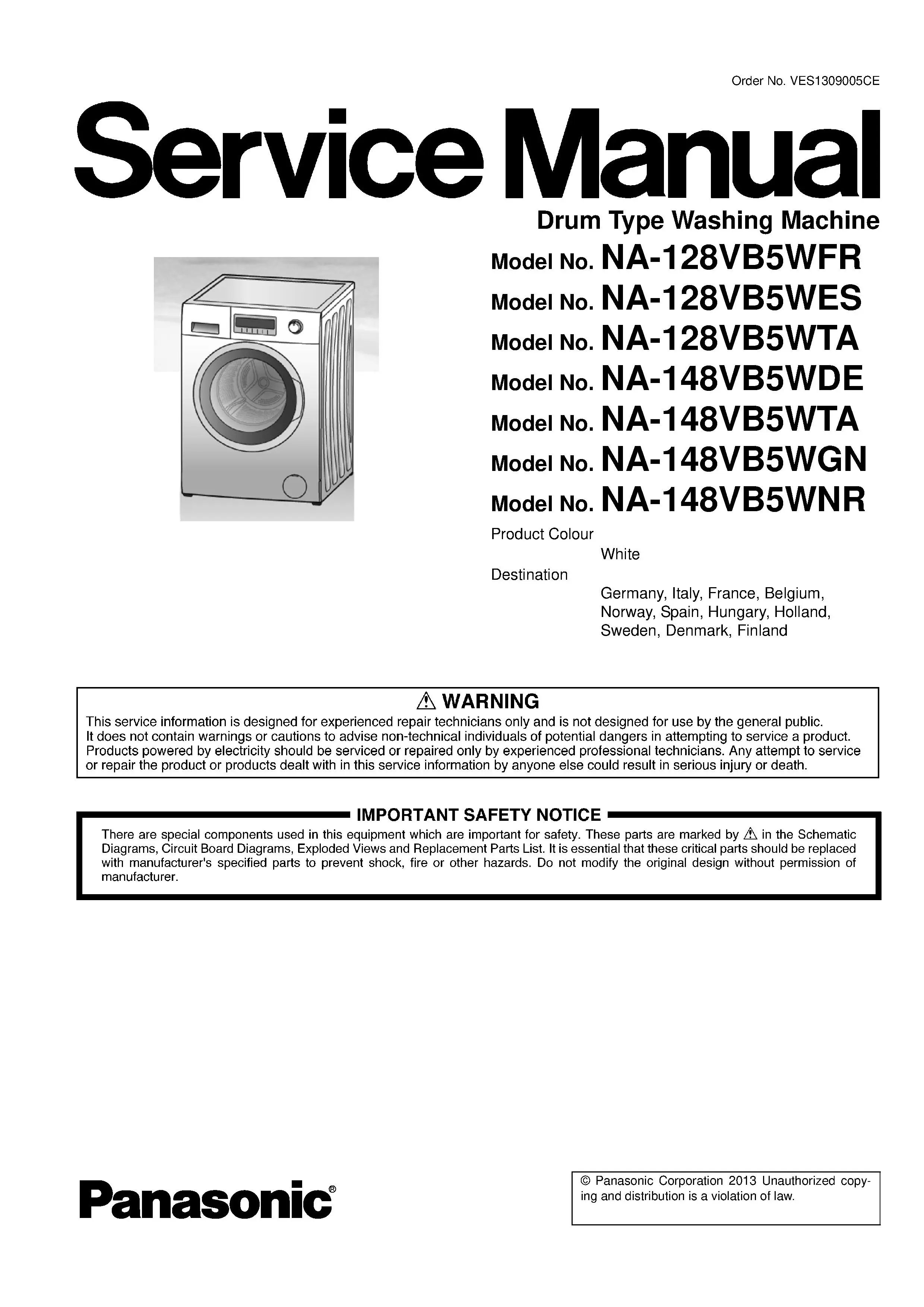 Panasonic na 128vb5 128vb5wes 128vb5wta 128vb5wfr service manual cover from Whirlpool emea customer services with model code, manual creation date, manual contents,