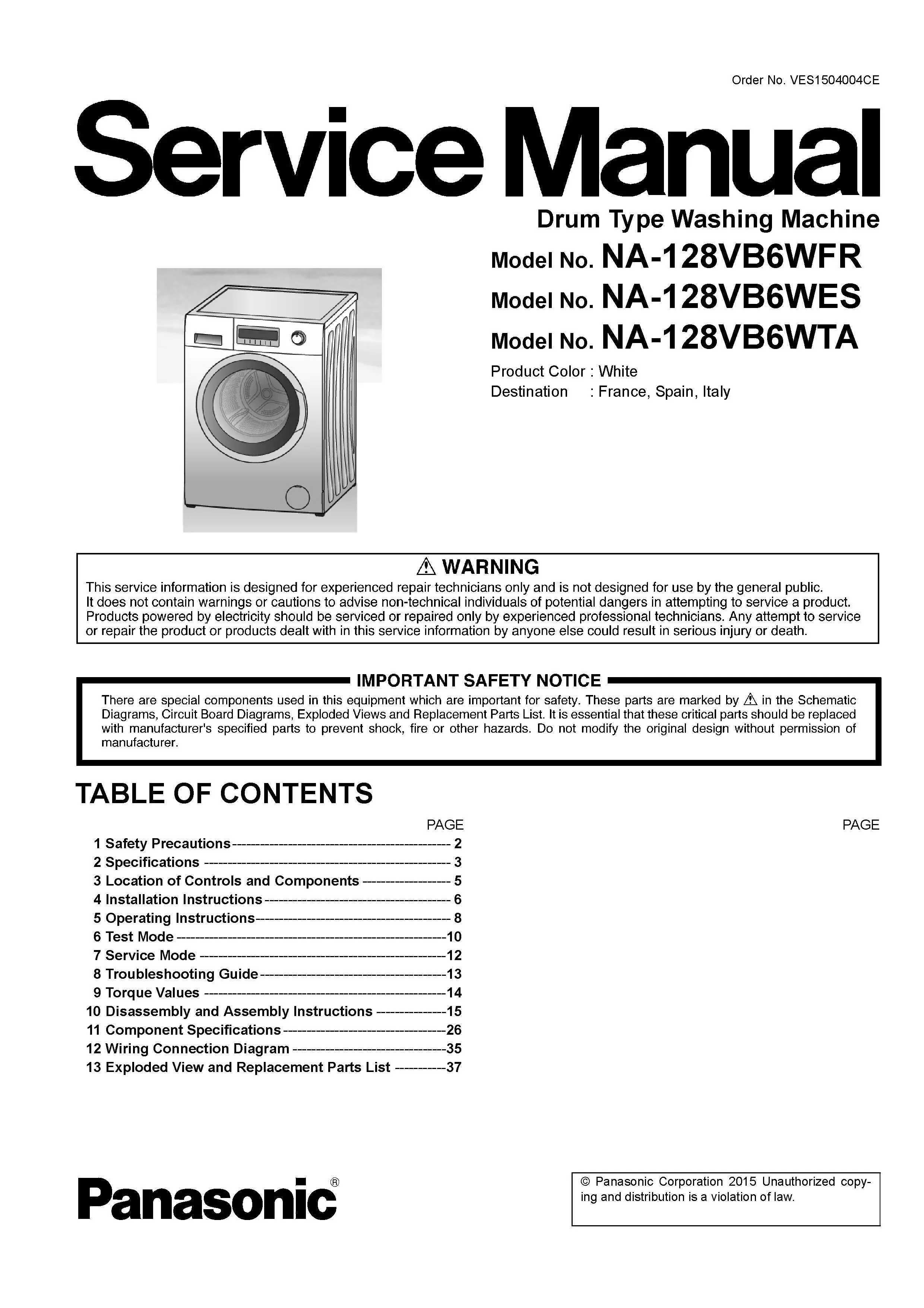 Panasonic na 128vb6 128vb6wes 128vb6wfr 128vb6wta service manual cover from Whirlpool emea customer services with model code, manual creation date, manual contents,