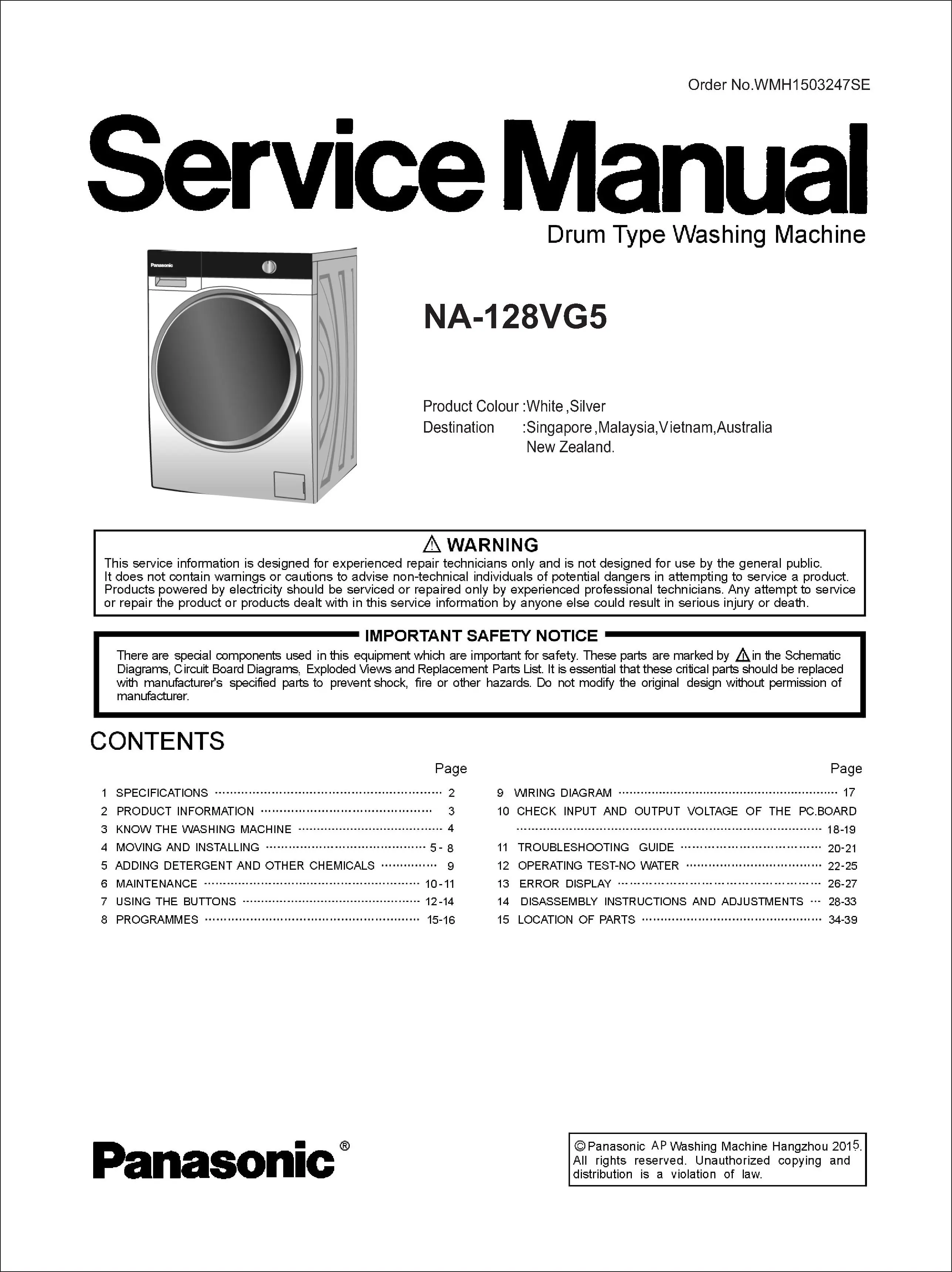 Panasonic na 128vg5 service manual cover from Whirlpool emea customer services with model code, manual creation date, manual contents,