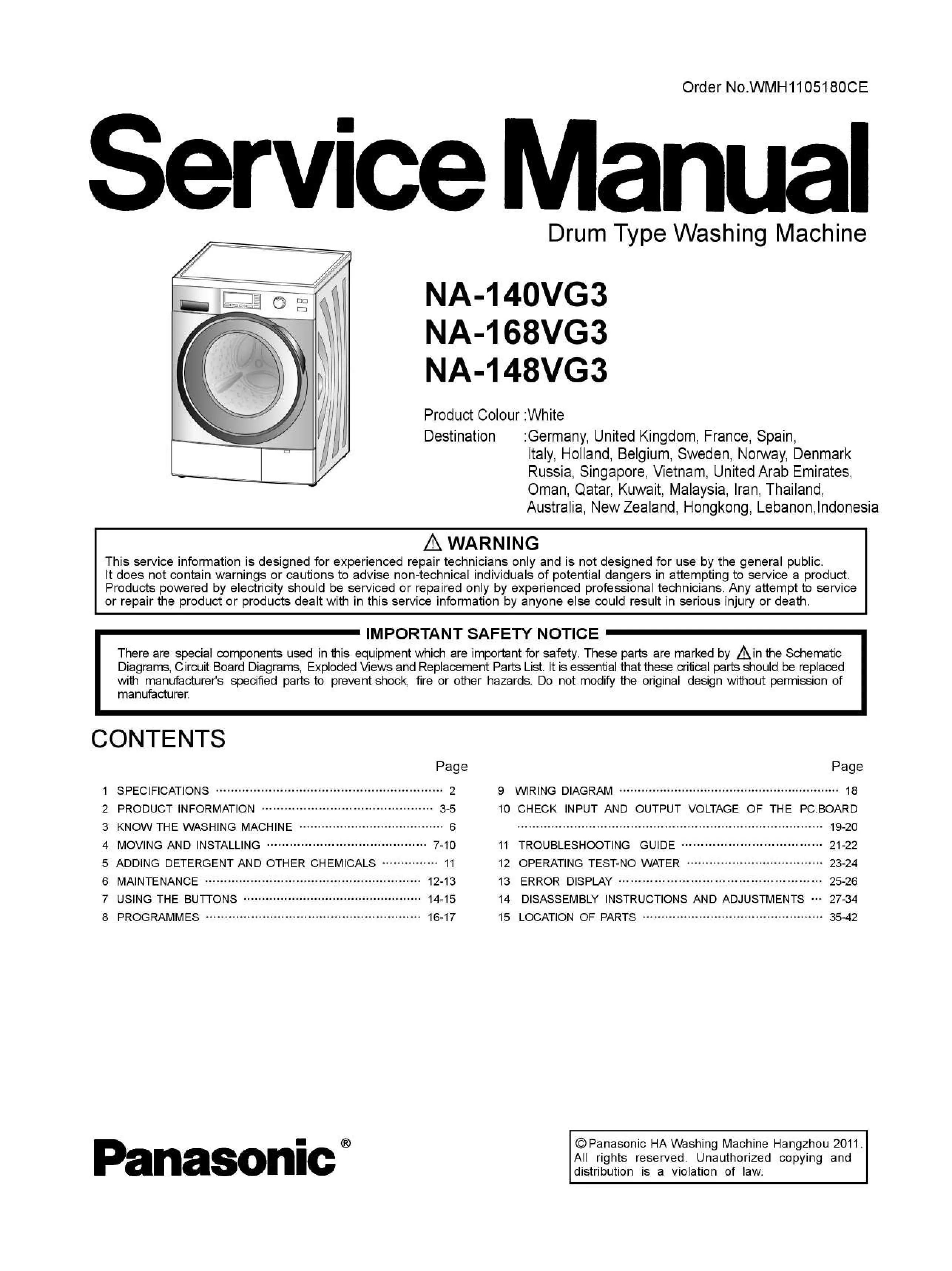 Panasonic na 140vg3 148vg3 168vg3 service manual cover from Whirlpool emea customer services with model code, manual creation date, manual contents,