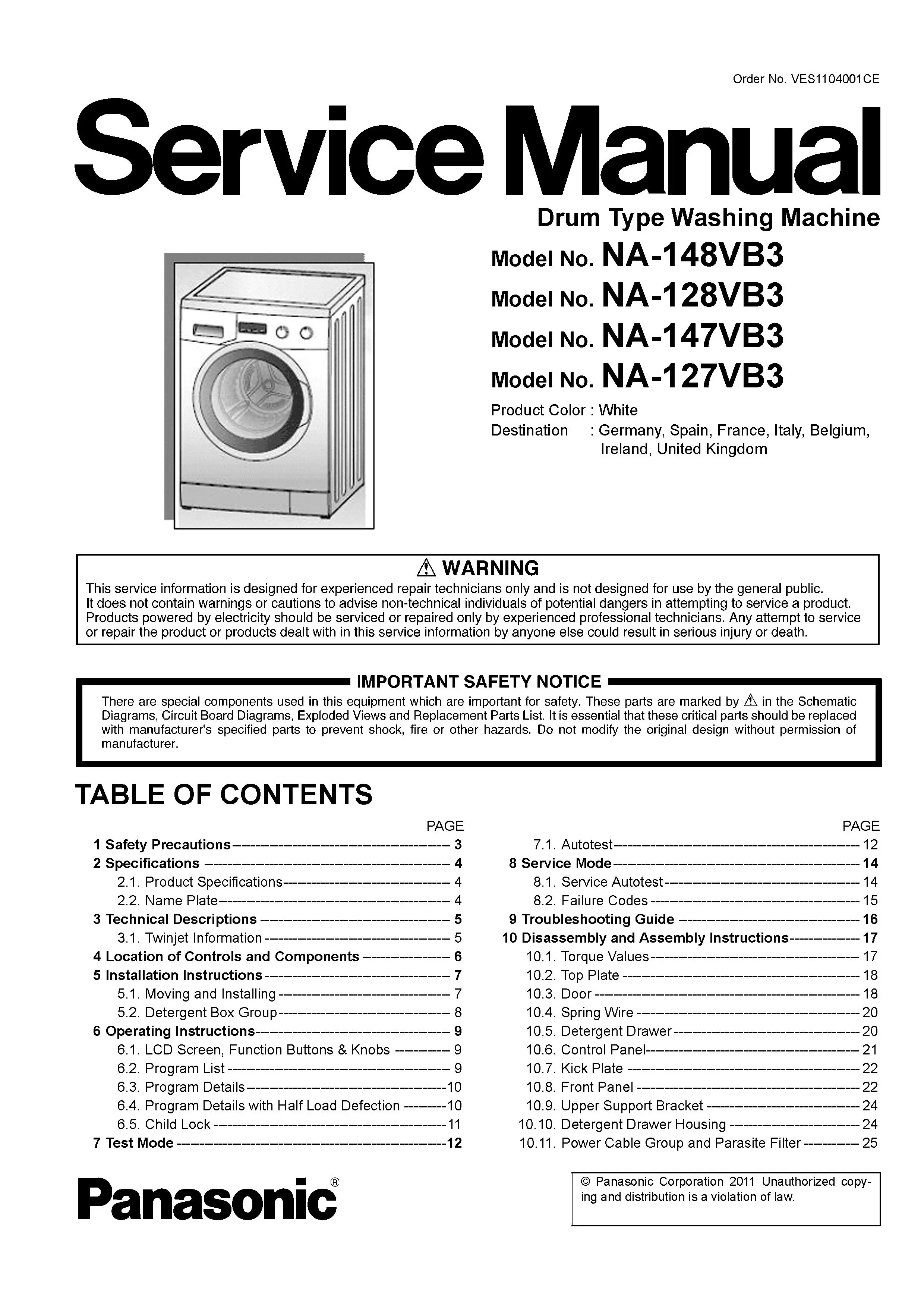 Panasonic na 147vb3 service manual cover from Whirlpool emea customer services with model code, manual creation date, manual contents,