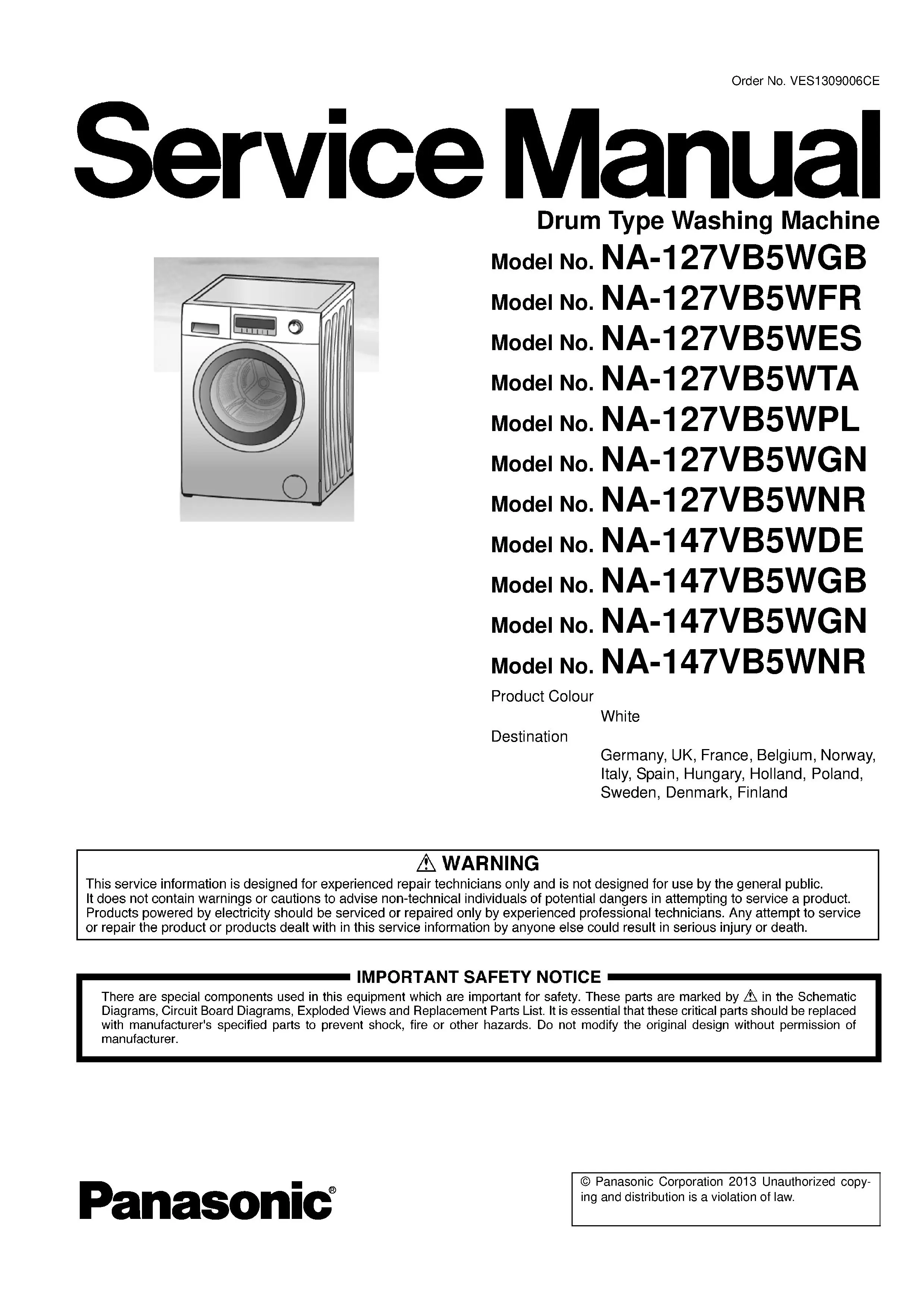 Panasonic na 147vb5w series service manual cover from Whirlpool emea customer services with model code, manual creation date, manual contents,