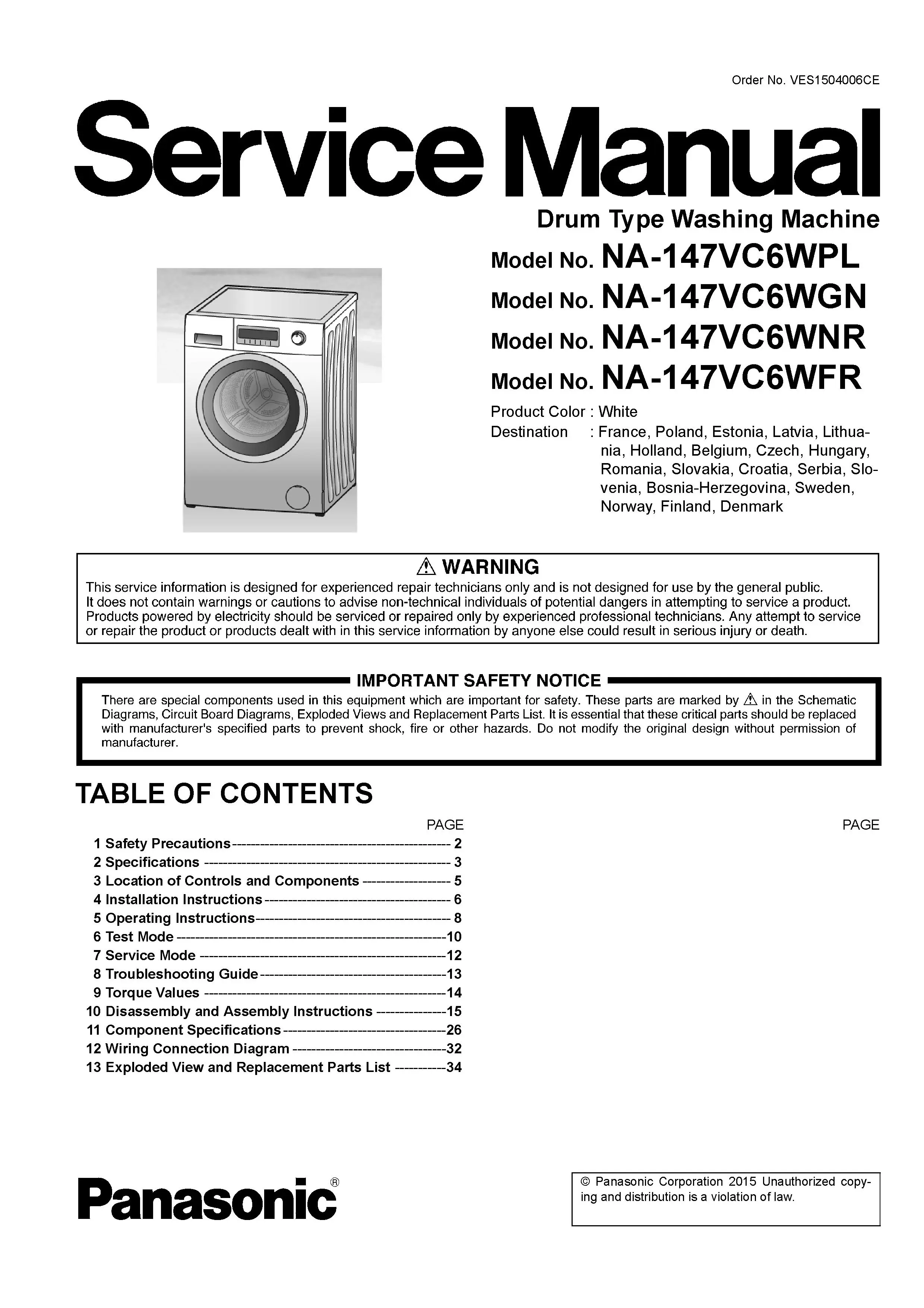 Panasonic na 147vc6 147vc6wgn 147vc6wnr 147vc6wpl service manual cover from Whirlpool emea customer services with model code, manual creation date, manual contents,