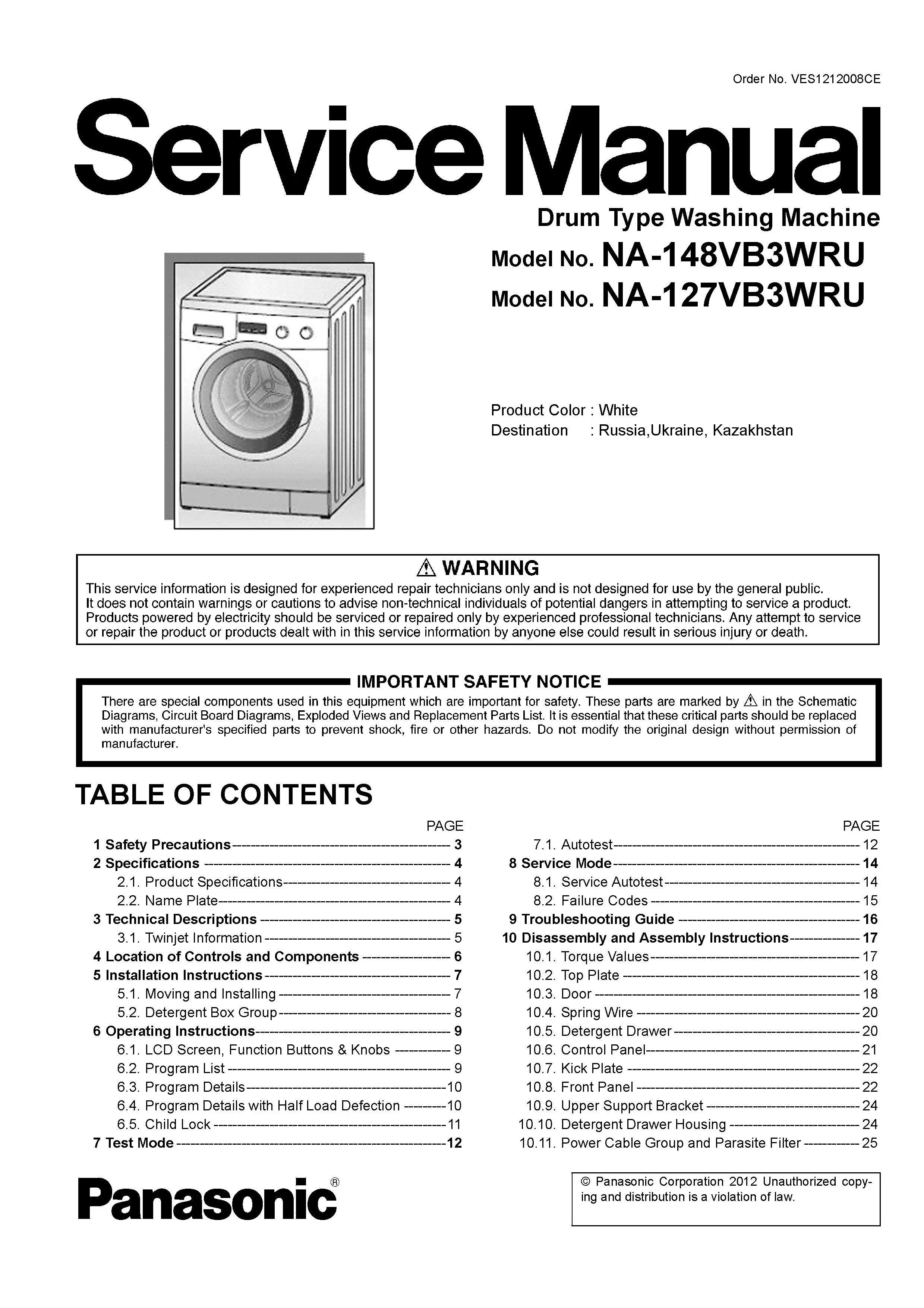 Panasonic na 148vb3 148vb3wru service manual cover from Whirlpool emea customer services with model code, manual creation date, manual contents,