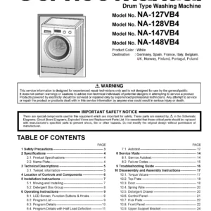 Panasonic na 148vb4 148vb4wde 148vb4wta service manual cover from Whirlpool emea customer services with model code, manual creation date, manual contents,