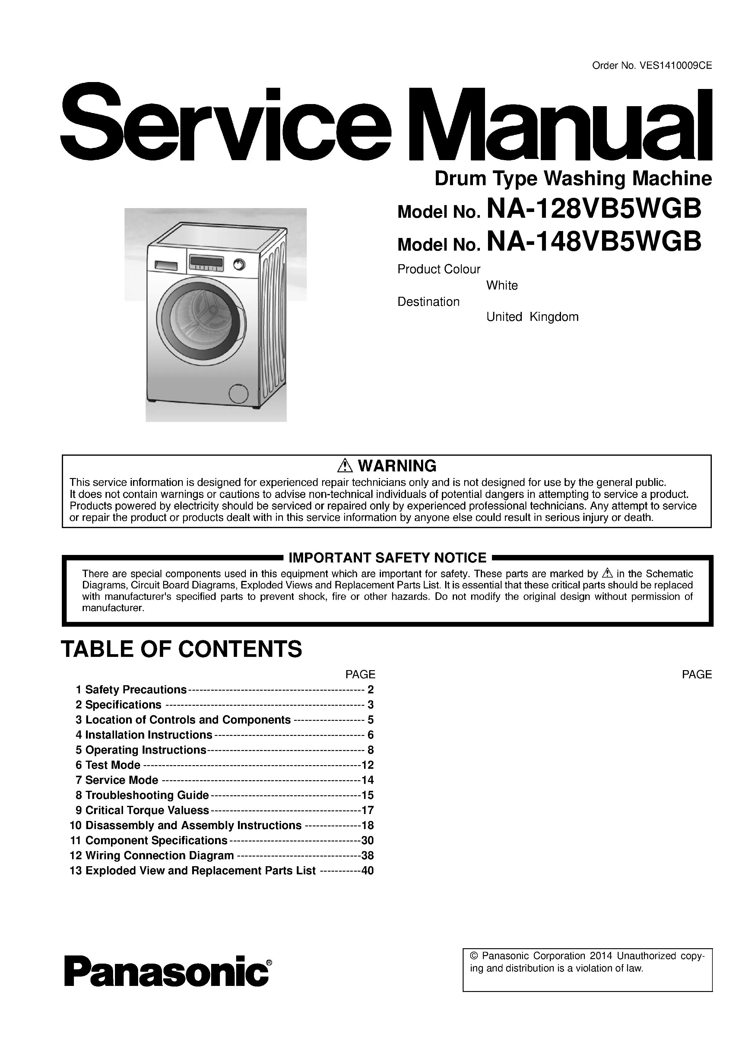 Panasonic na 148vb5 148vb5wgb service manual cover from Whirlpool emea customer services with model code, manual creation date, manual contents,