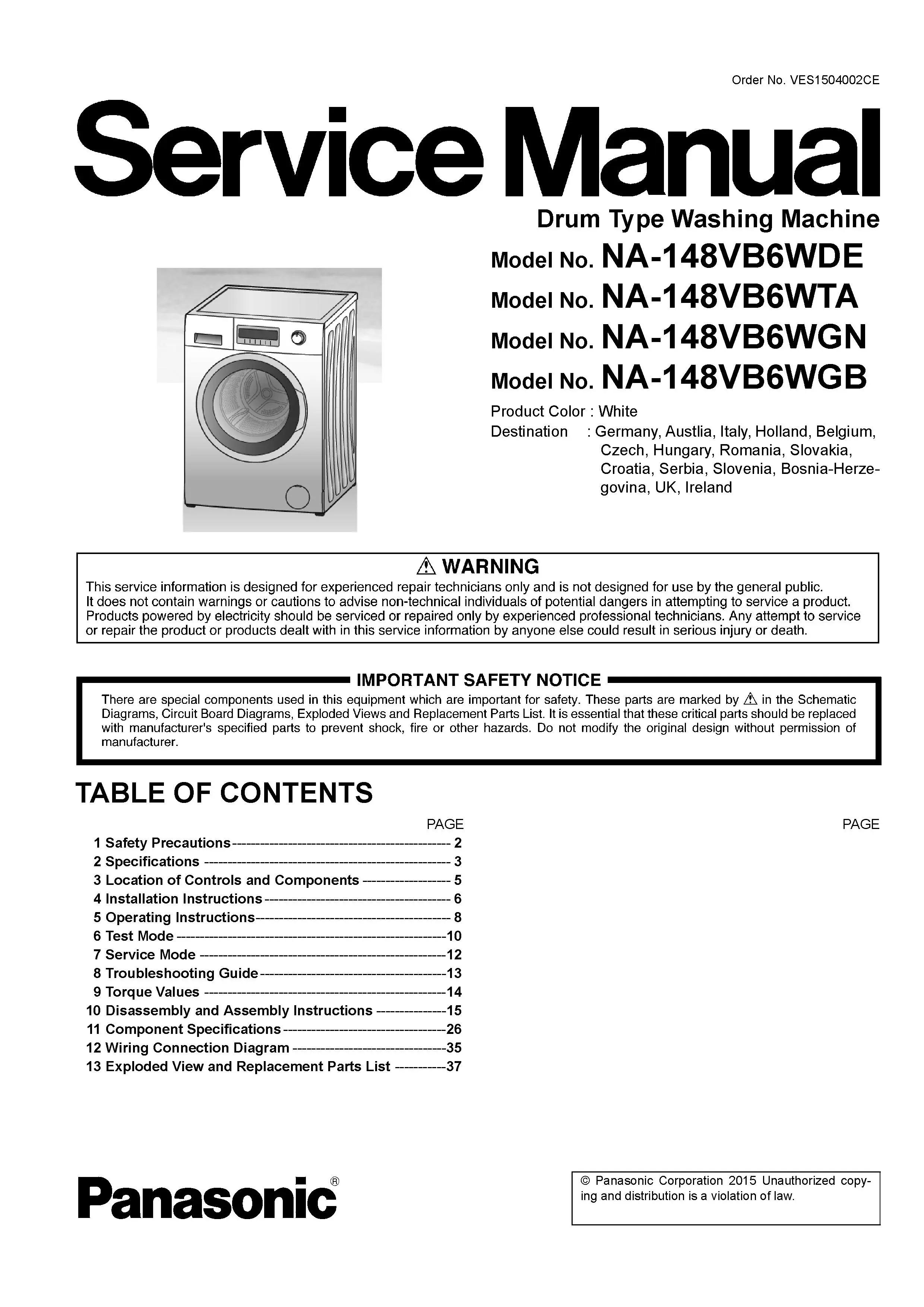 Panasonic na 148vb6 148vb6wde 148vb6wgb service manual cover from Whirlpool emea customer services with model code, manual creation date, manual contents,