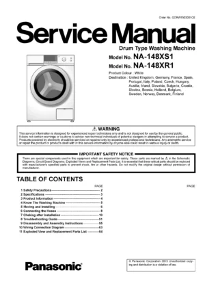 Panasonic na 148xr1 service manual cover from Whirlpool emea customer services with model code, manual creation date, manual contents,