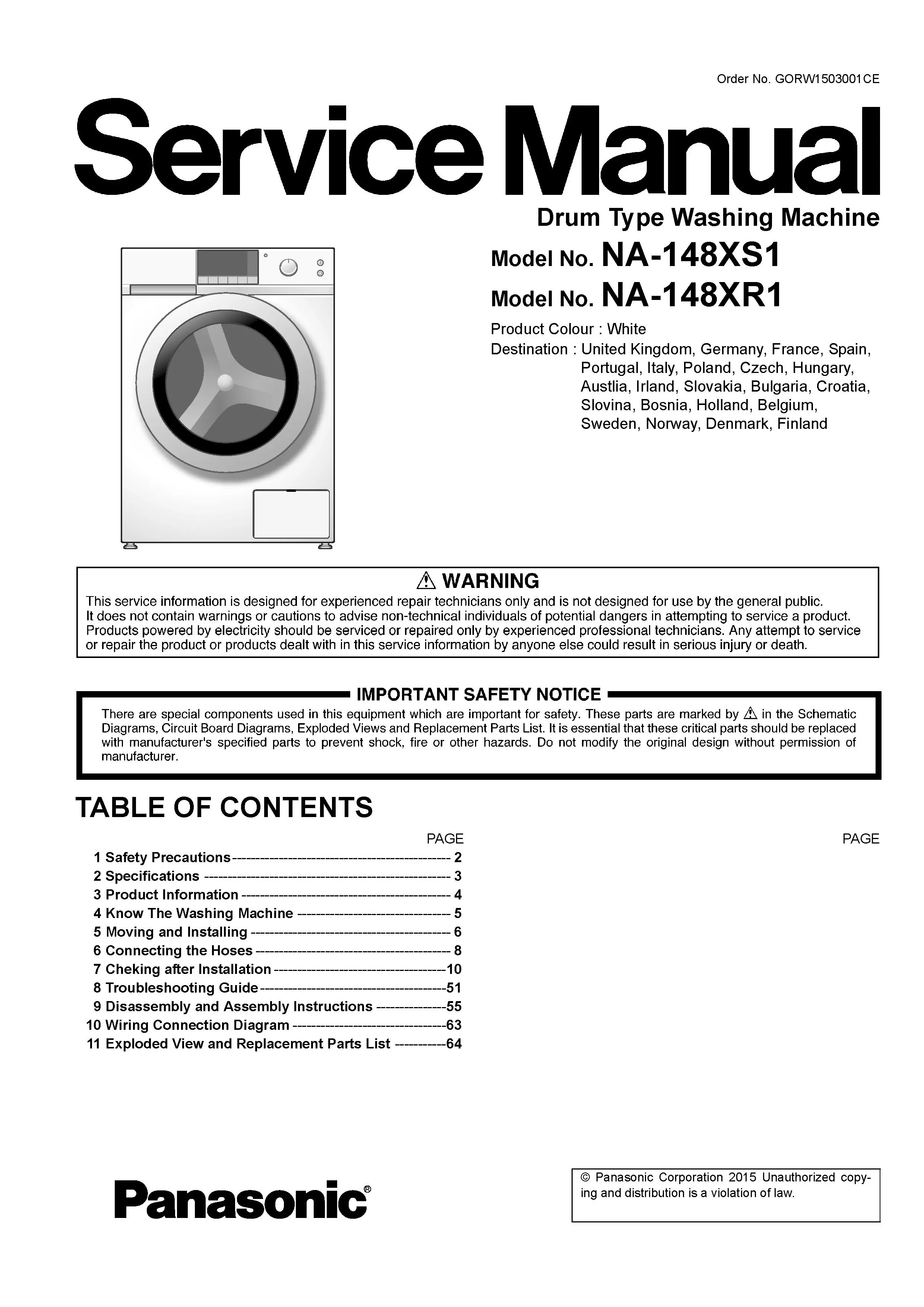 Panasonic na 148xr1 service manual cover from Whirlpool emea customer services with model code, manual creation date, manual contents,