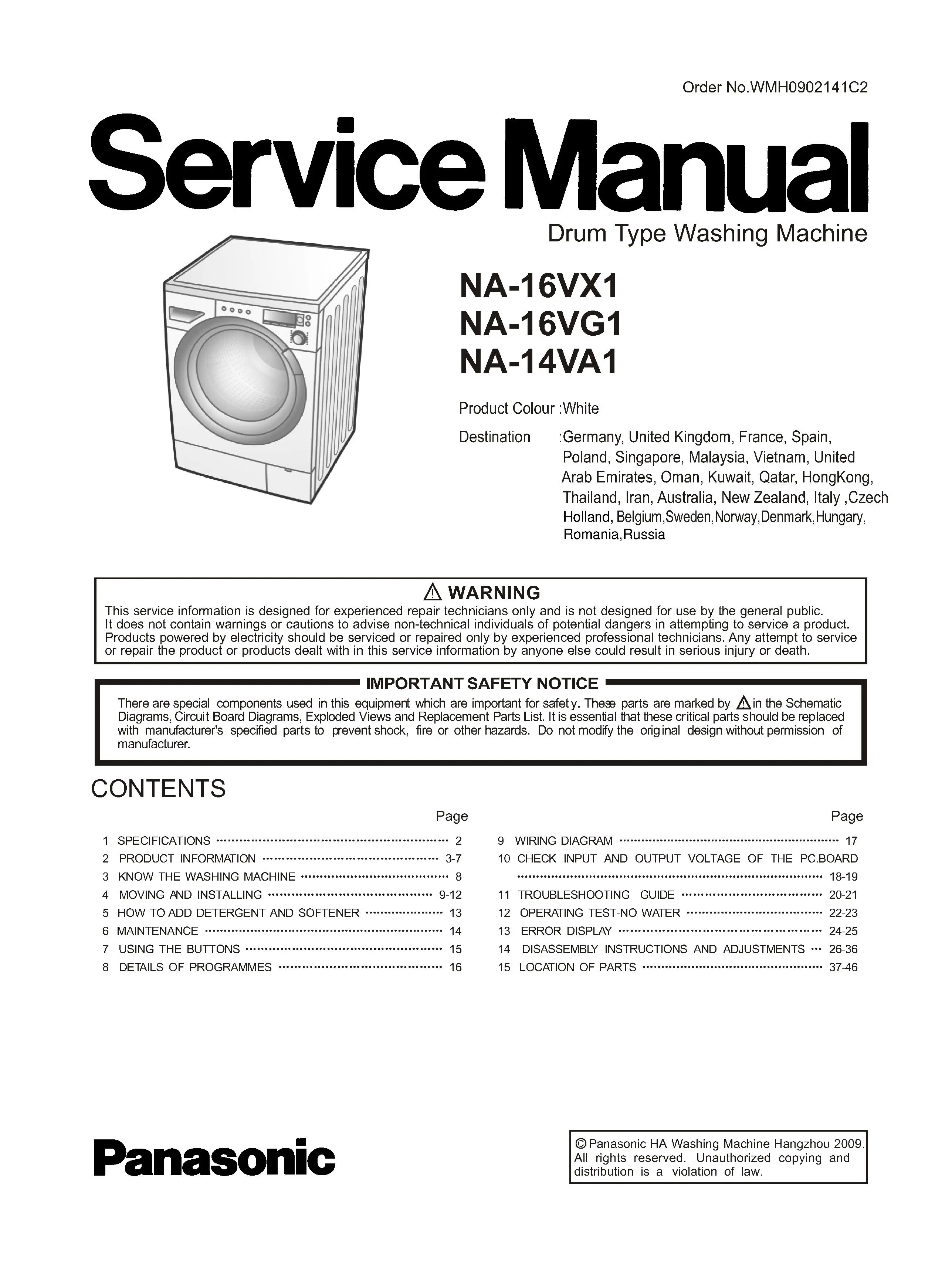 Panasonic na 14va1 16vg1 16vx1 service manual cover from Whirlpool emea customer services with model code, manual creation date, manual contents,