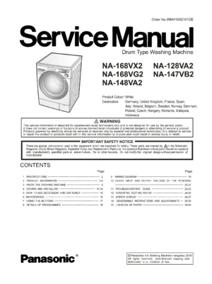 Panasonic na 168vg2 service manual cover from Whirlpool emea customer services with model code, manual creation date, manual contents,
