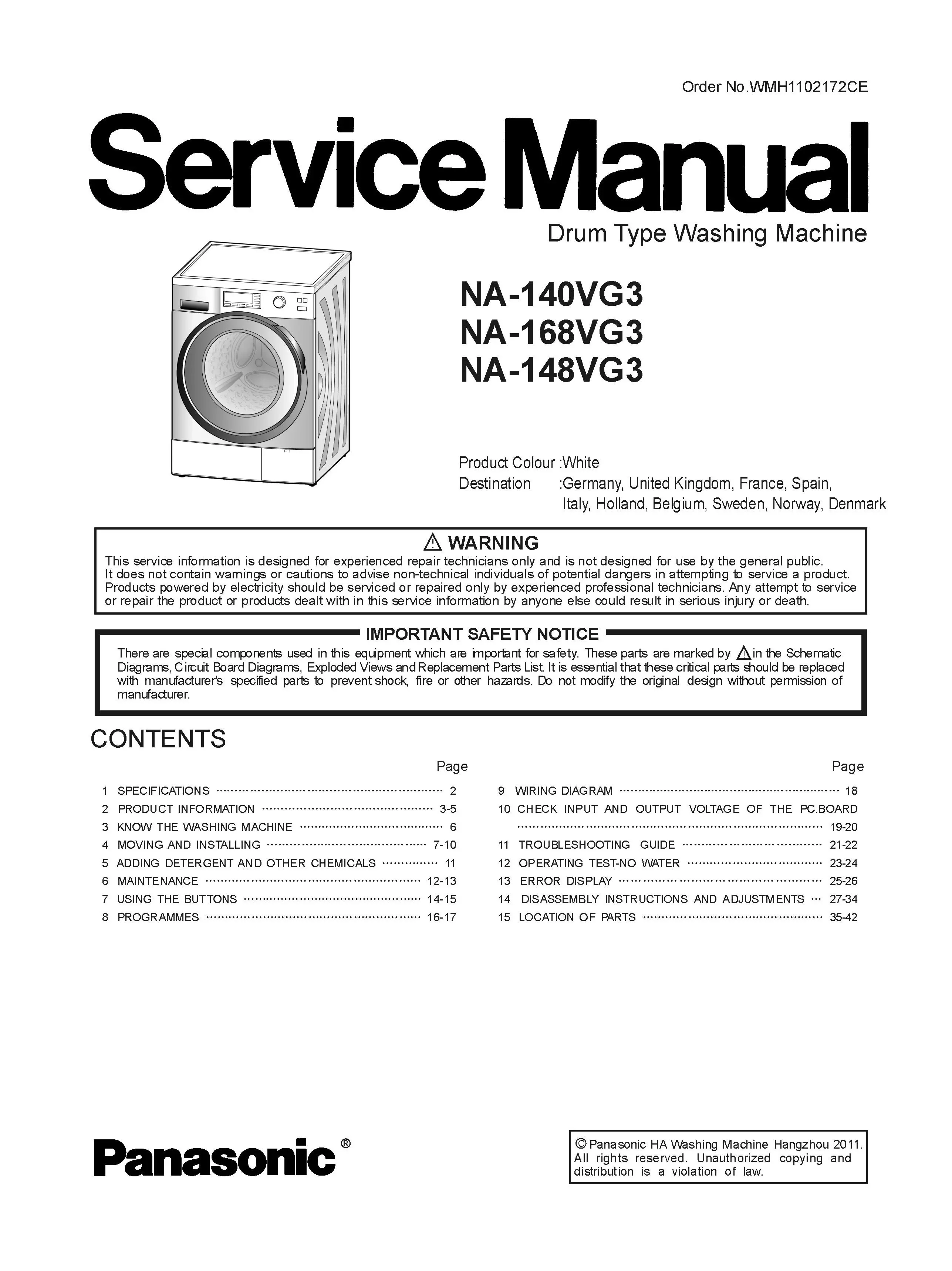 Panasonic na 168vg3 service manual cover from Whirlpool emea customer services with model code, manual creation date, manual contents,