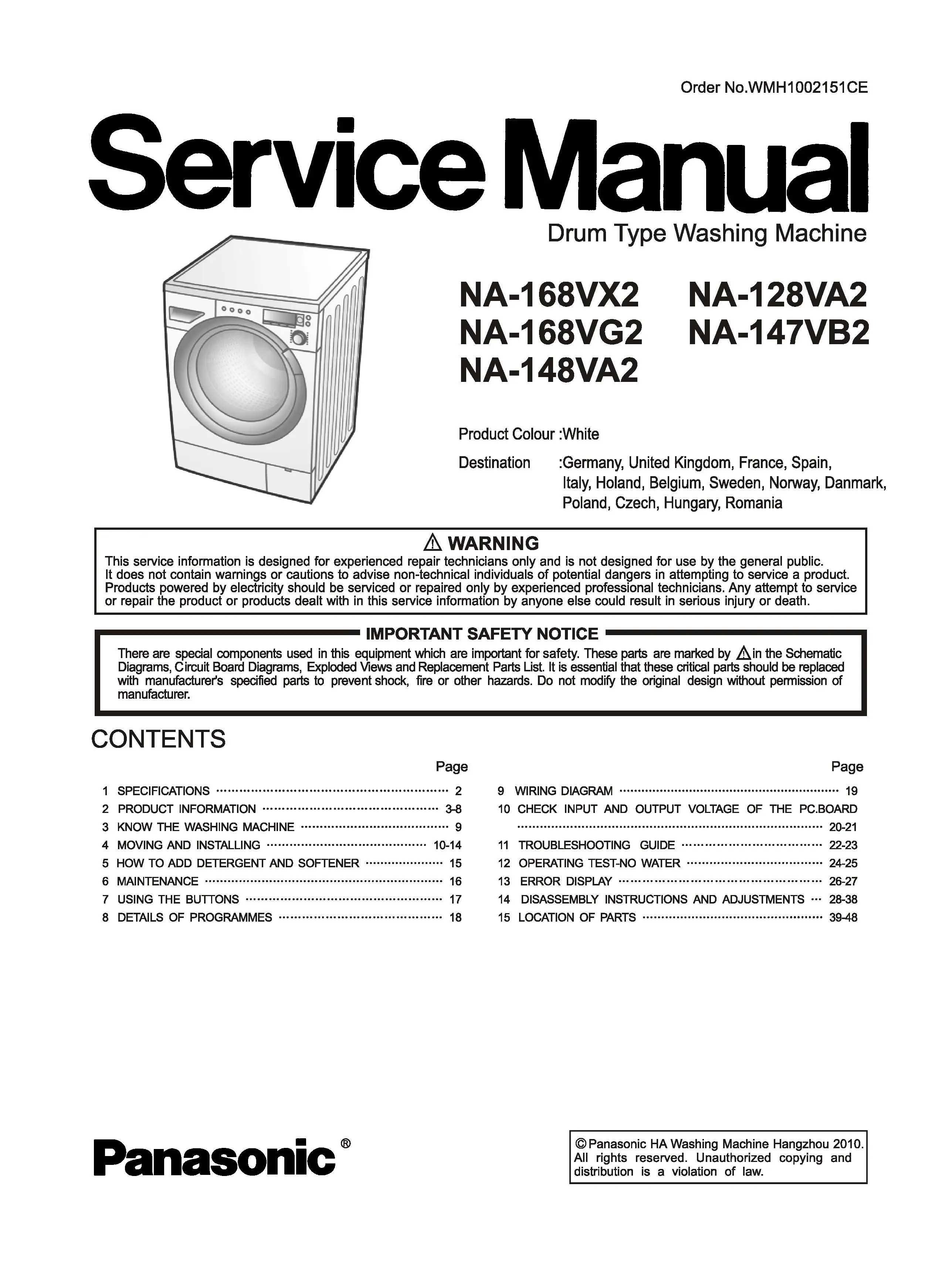 Panasonic na 168vx2 168vg2 148va2 128va2 147vb2 service manual cover from Whirlpool emea customer services with model code, manual creation date, manual contents,