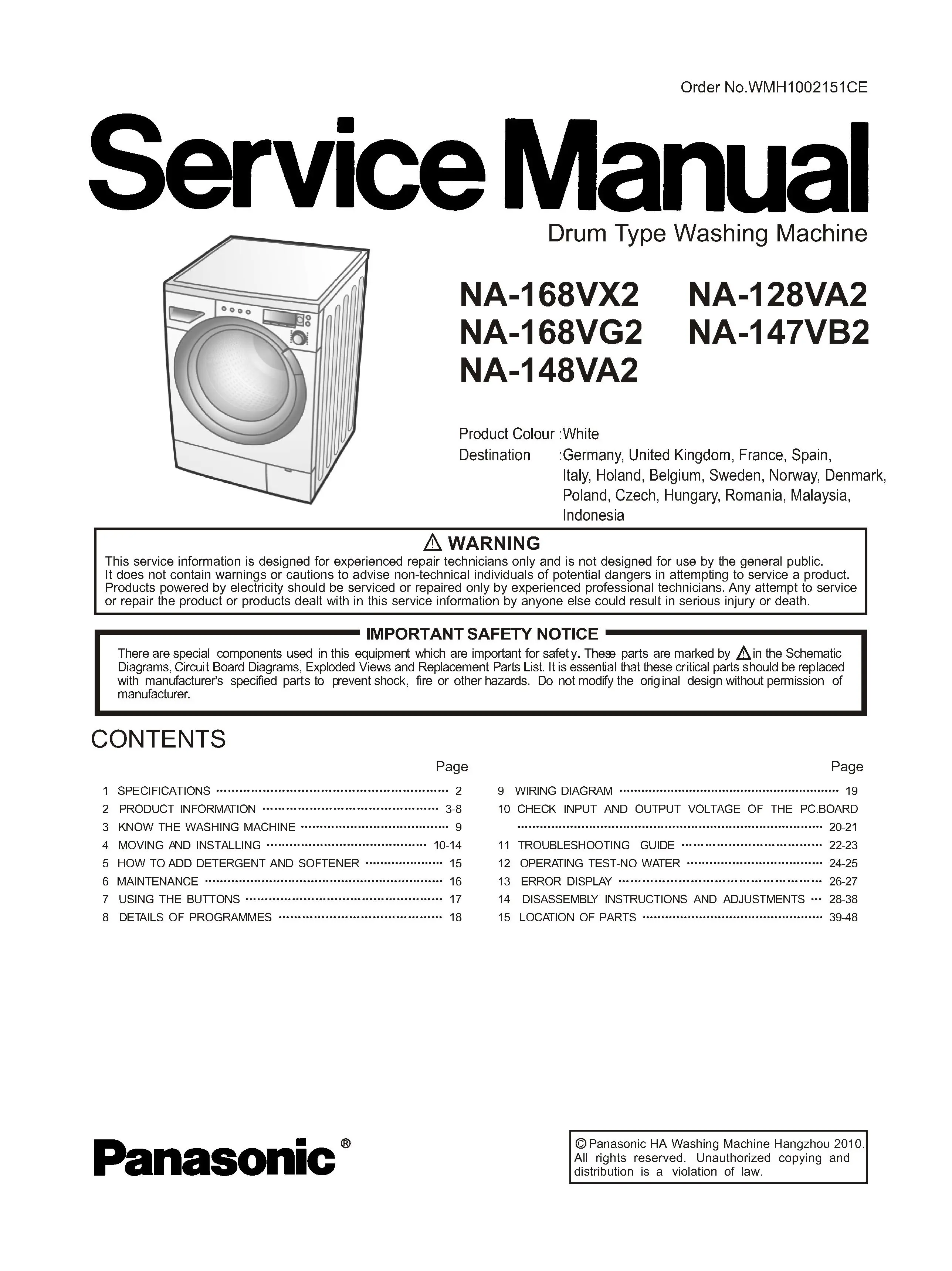 Panasonic na 168vx2 service manual cover from Whirlpool emea customer services with model code, manual creation date, manual contents,