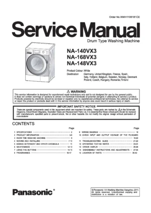 Panasonic na 168vx3 service manual cover from Whirlpool emea customer services with model code, manual creation date, manual contents,