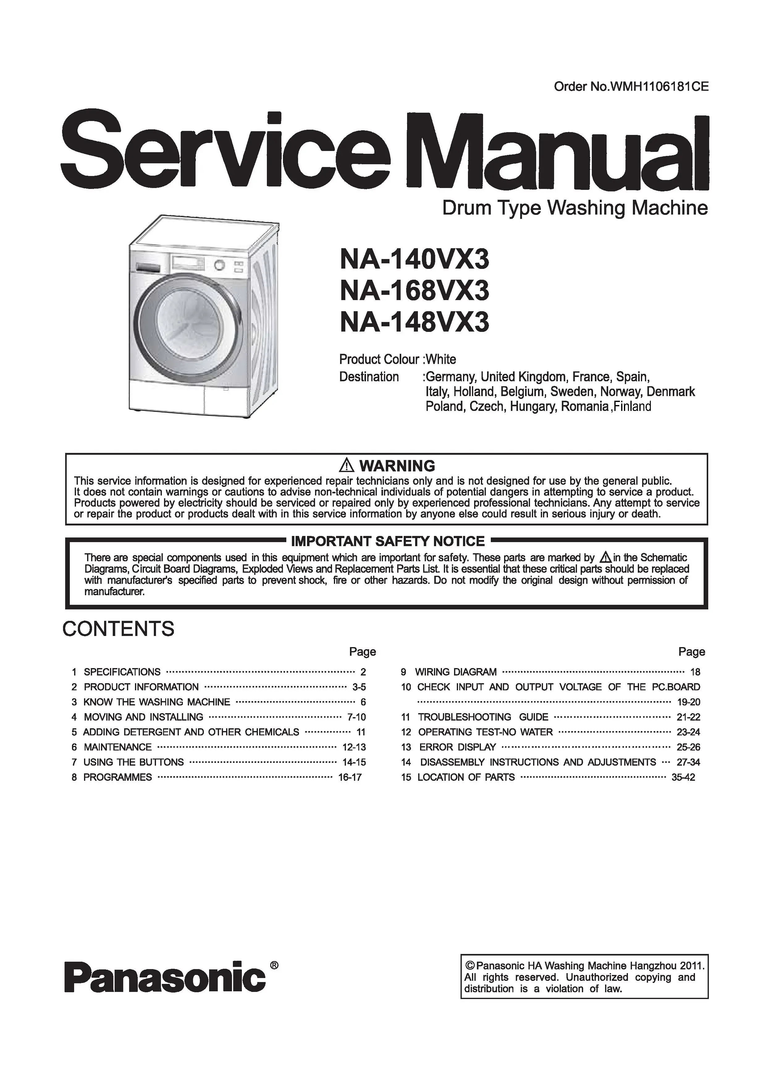 Panasonic na 168vx3 service manual cover from Whirlpool emea customer services with model code, manual creation date, manual contents,