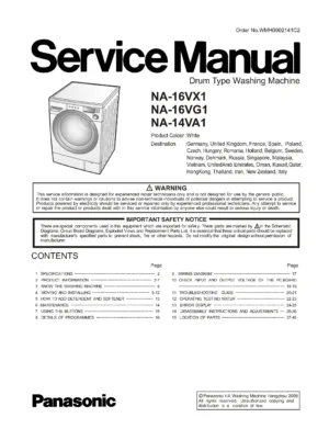 Panasonic na 16vx1 16vg1 14va1 service manual cover from Whirlpool emea customer services with model code, manual creation date, manual contents,