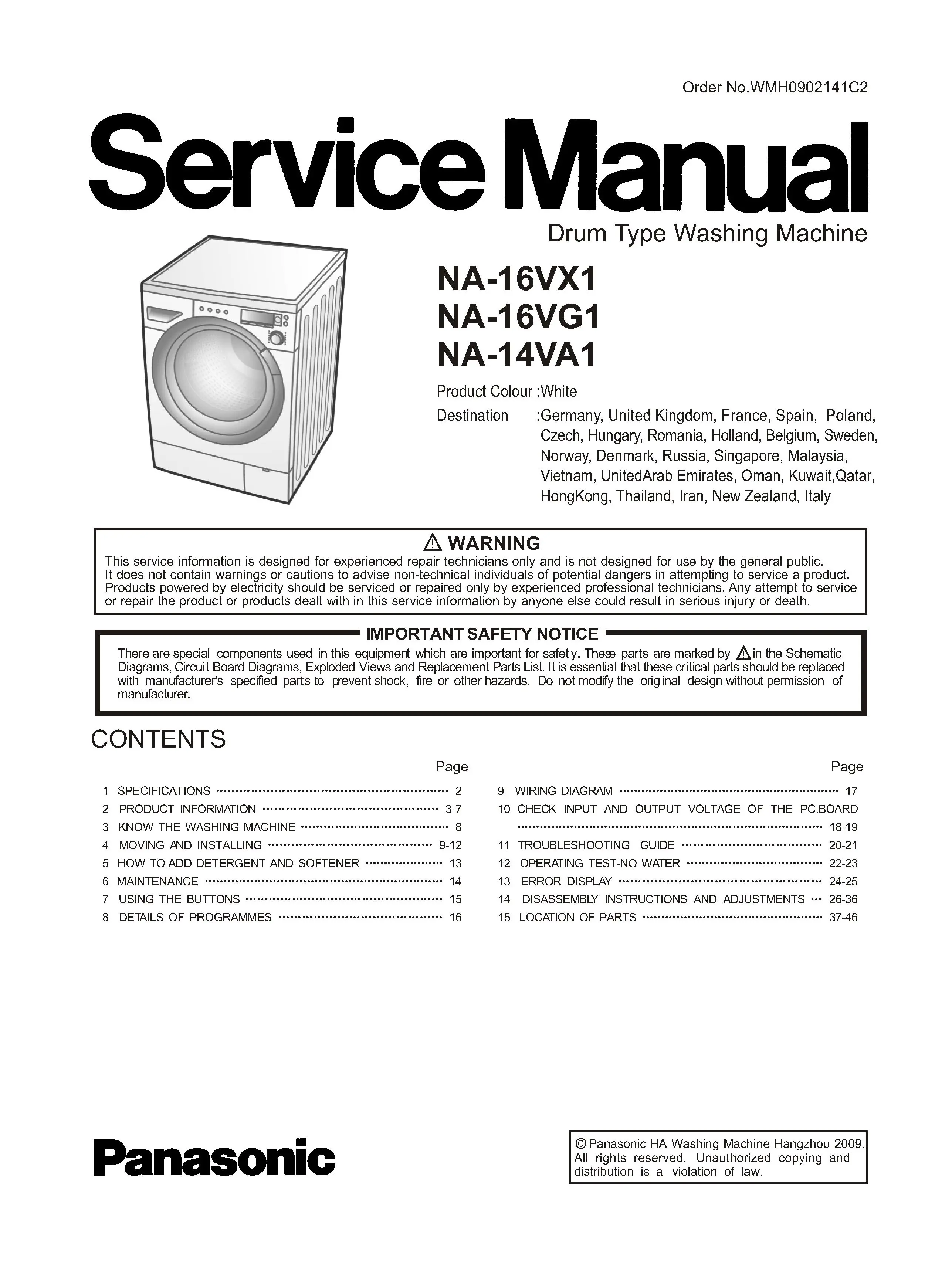 Panasonic na 16vx1 16vg1 14va1 service manual cover from Whirlpool emea customer services with model code, manual creation date, manual contents,