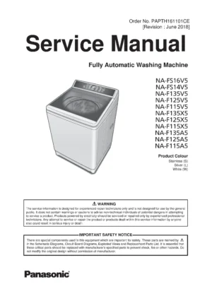 Panasonic na f135x5 f125x5 f115x5 f135a5 f125a5 f115a5 service manual cover from Whirlpool emea customer services with model code, manual creation date, manual contents,