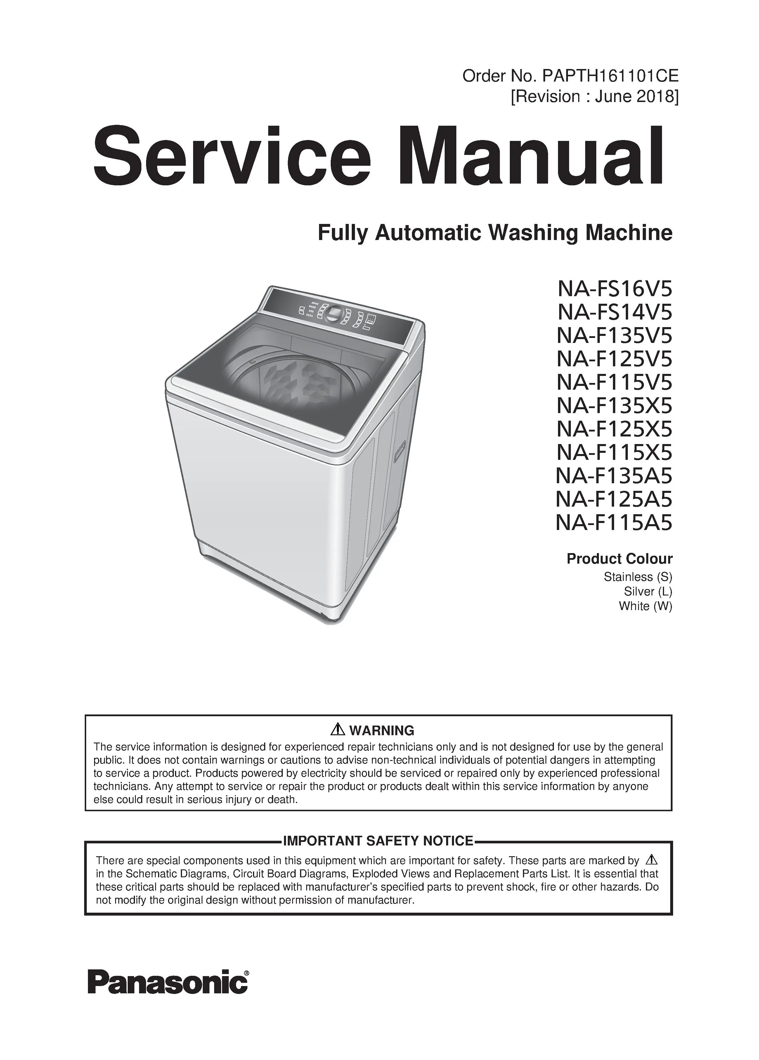 Panasonic na f135x5 f125x5 f115x5 f135a5 f125a5 f115a5 service manual cover from Whirlpool emea customer services with model code, manual creation date, manual contents,