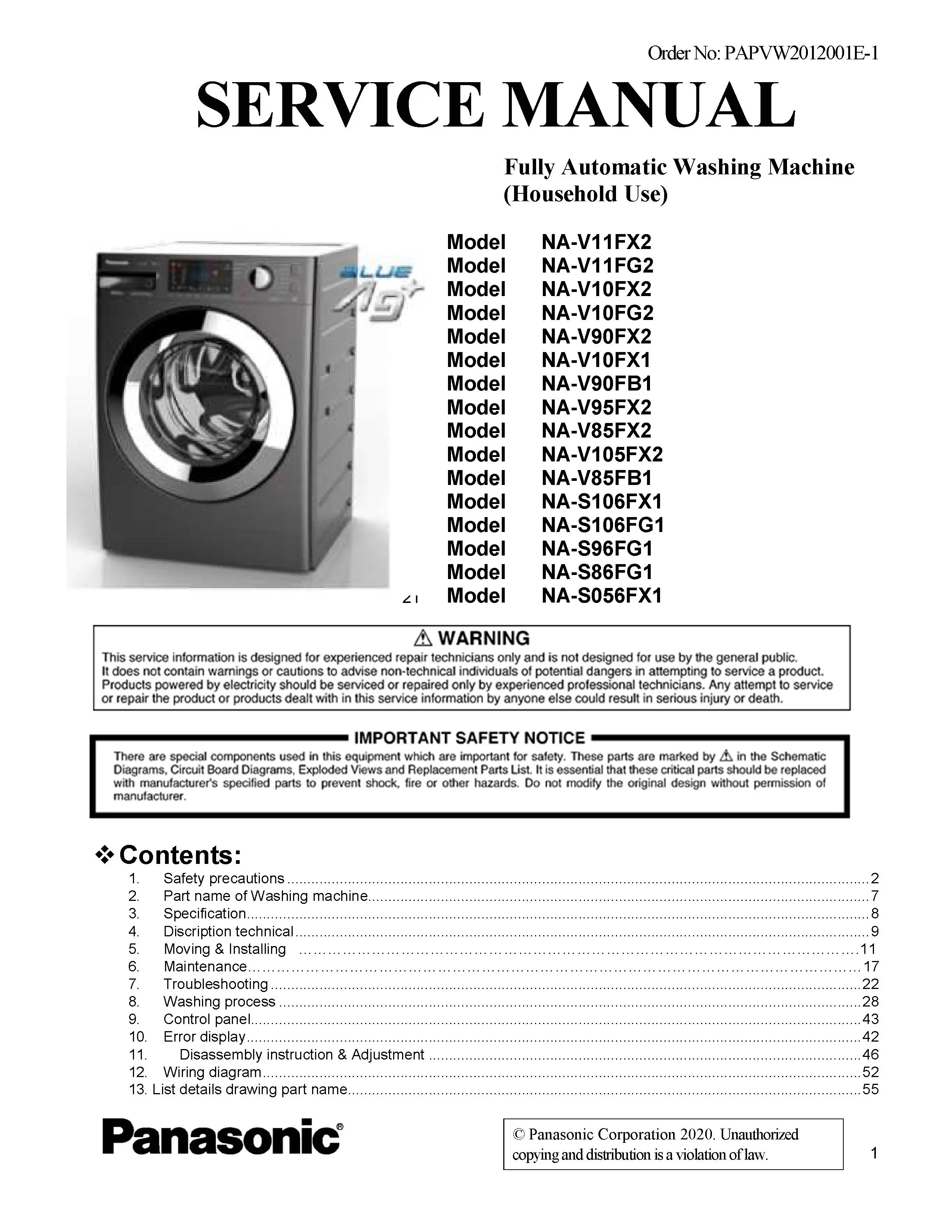 Panasonic na v90fx2 v90fb1 v95fx2 service manual cover from Whirlpool emea customer services with model code, manual creation date, manual contents,