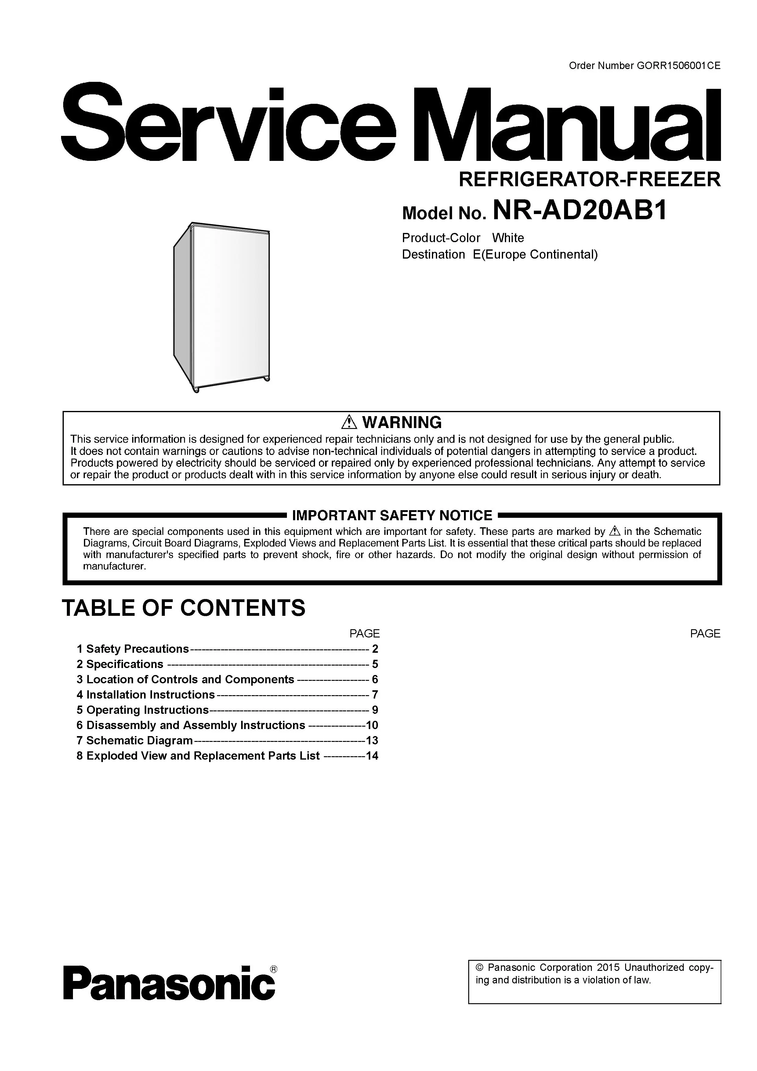 Panasonic nr ad20ab1 service manual cover with LG logo, service website path, washer model codes and service caution notice