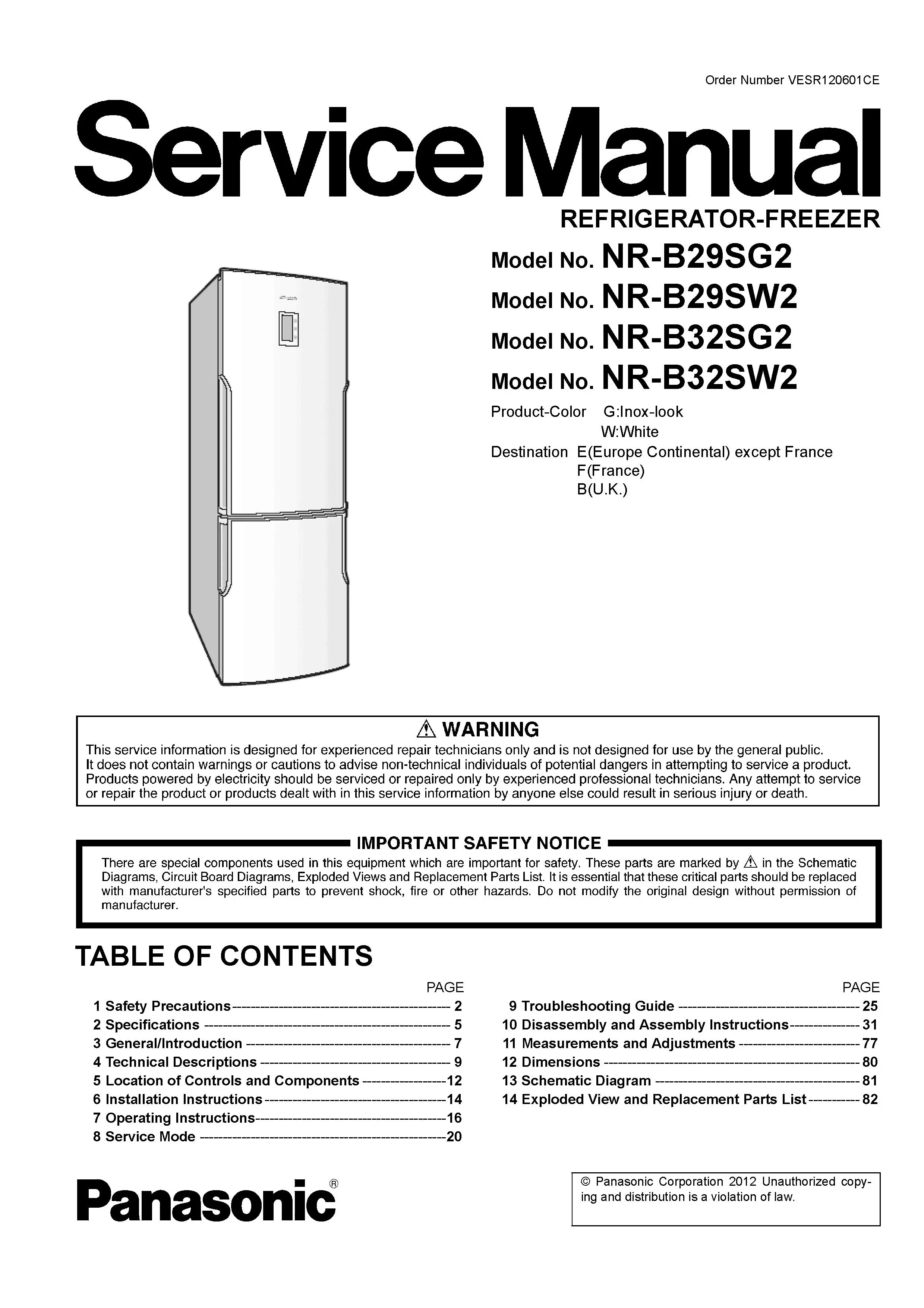 Panasonic nr b29sg2 b29sw2 service manual cover with LG logo, service website path, washer model codes and service caution notice