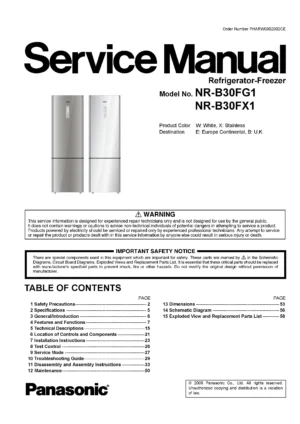 Panasonic nr b30fg1 b30fx1 service manual cover with LG logo, service website path, washer model codes and service caution notice