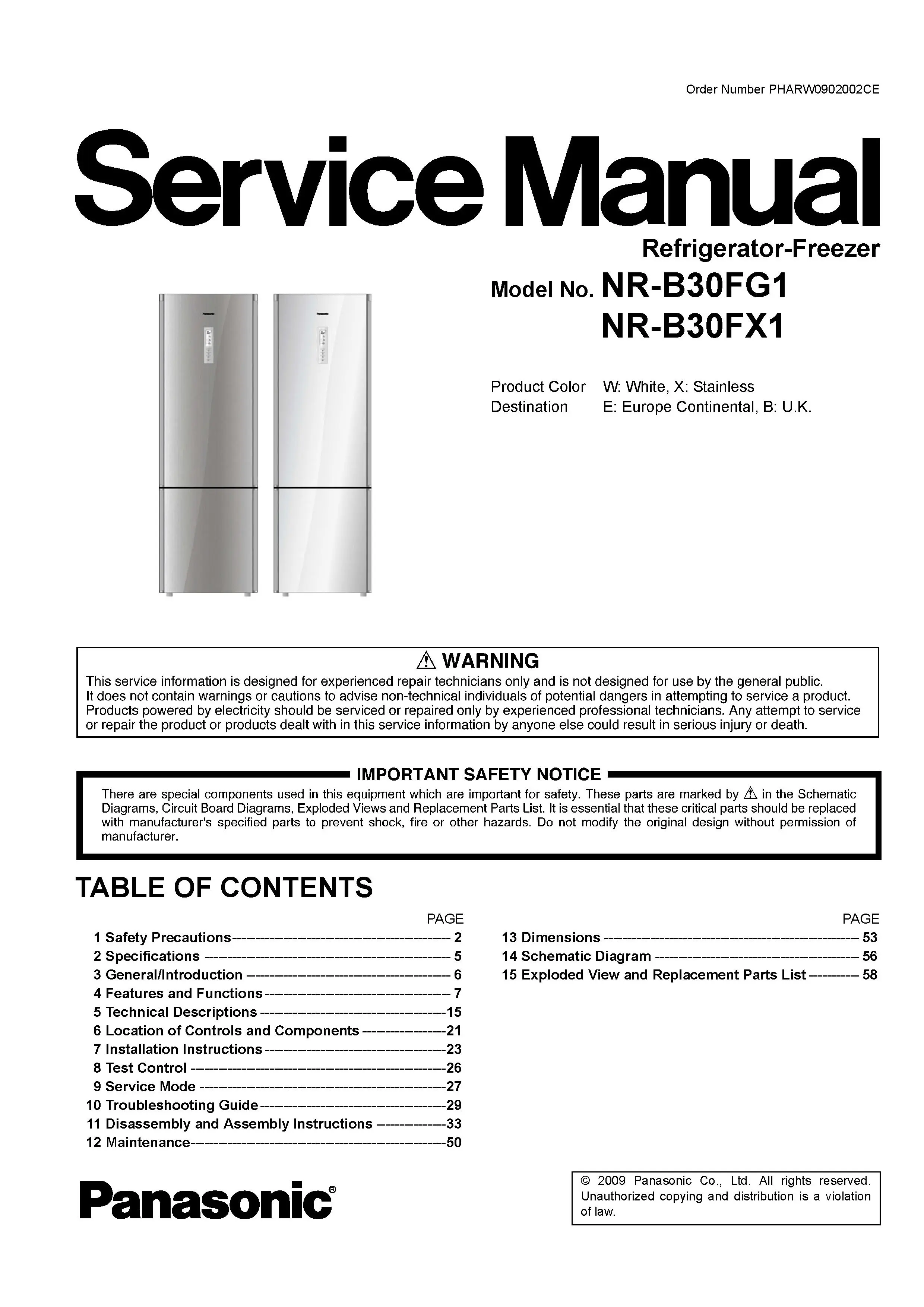 Panasonic nr b30fg1 b30fx1 service manual cover with LG logo, service website path, washer model codes and service caution notice