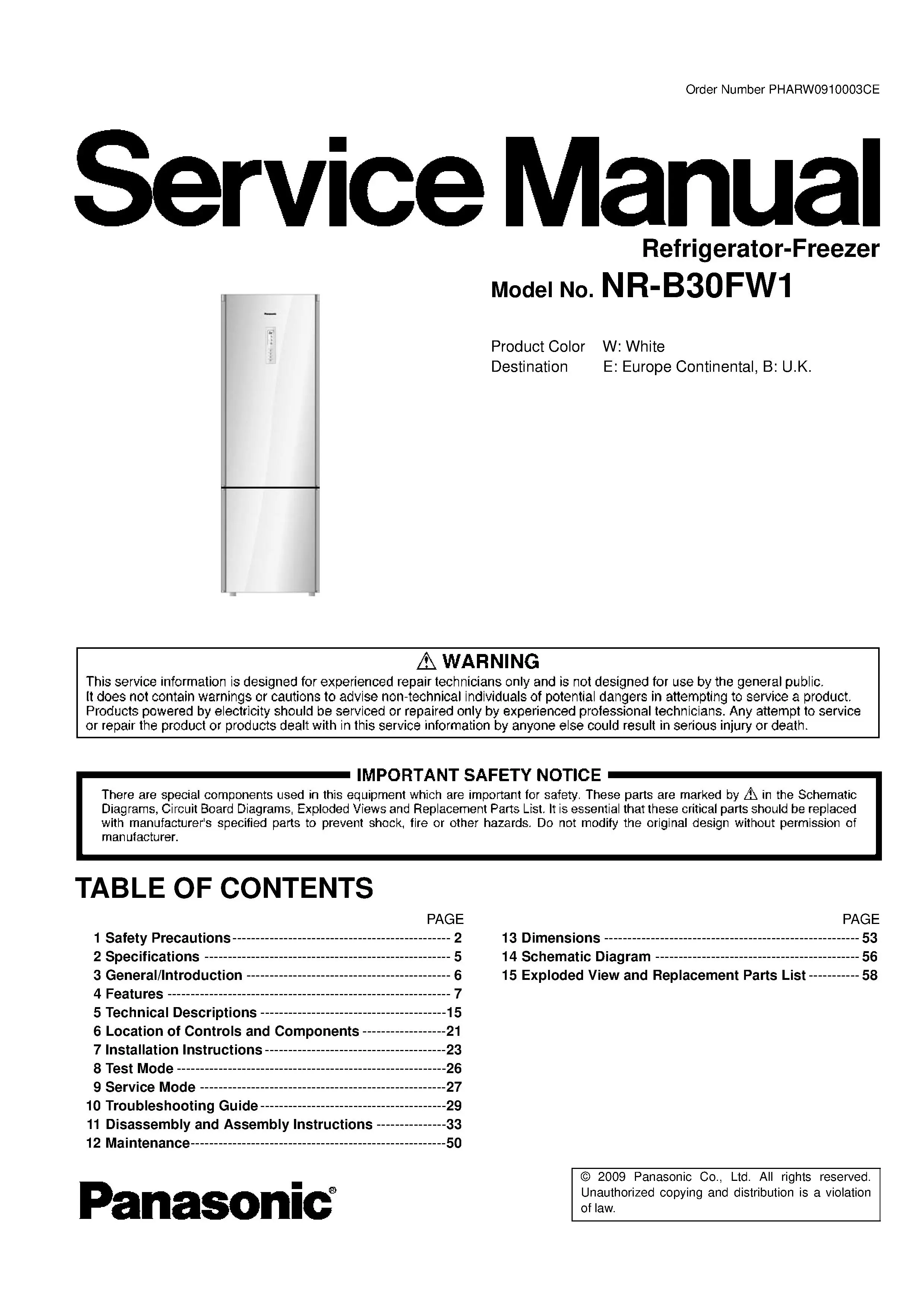 Panasonic nr b30fw1 service manual cover with LG logo, service website path, washer model codes and service caution notice