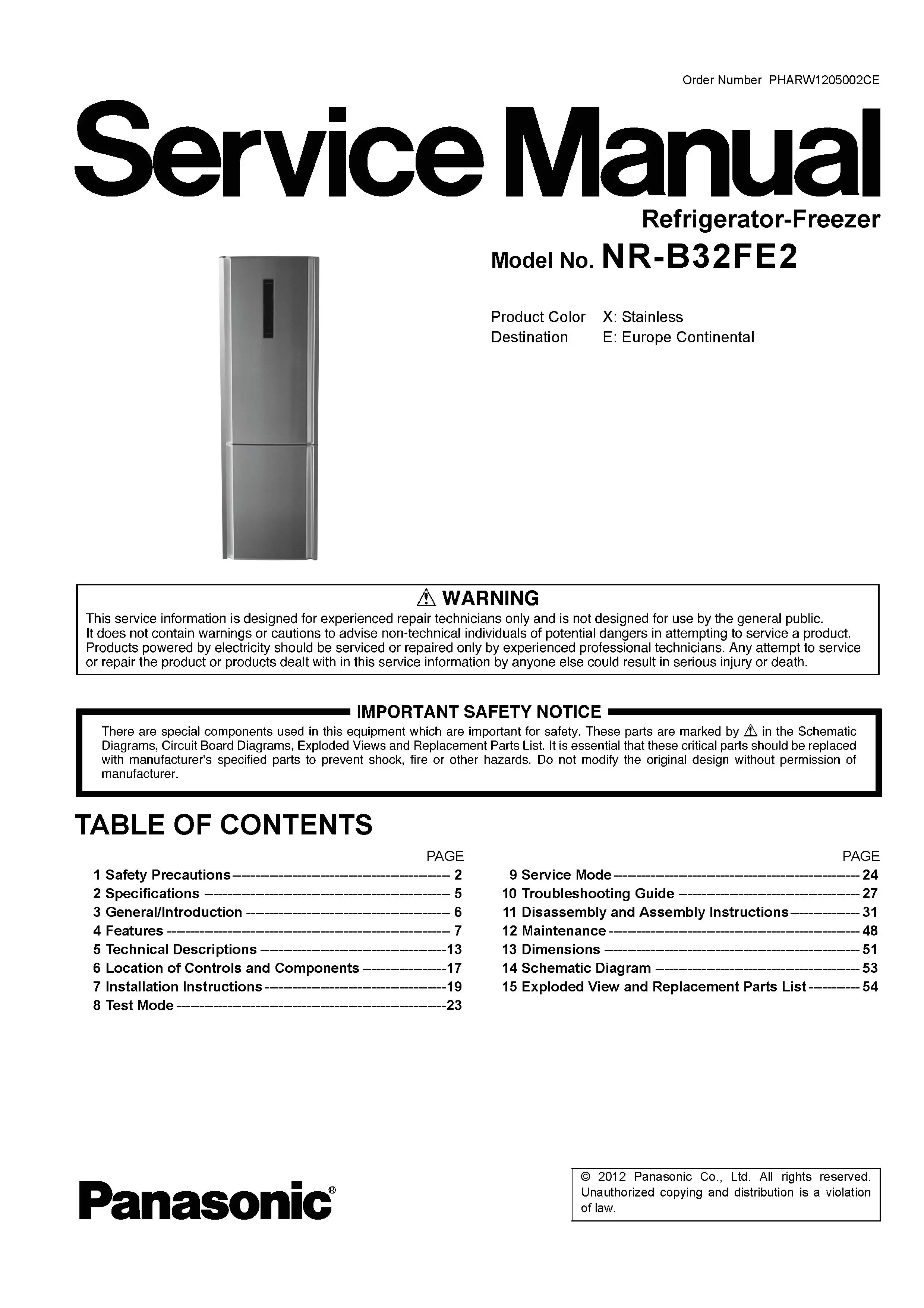 Panasonic nr b32fe2 b32fe2 xe service manual cover with LG logo, service website path, washer model codes and service caution notice