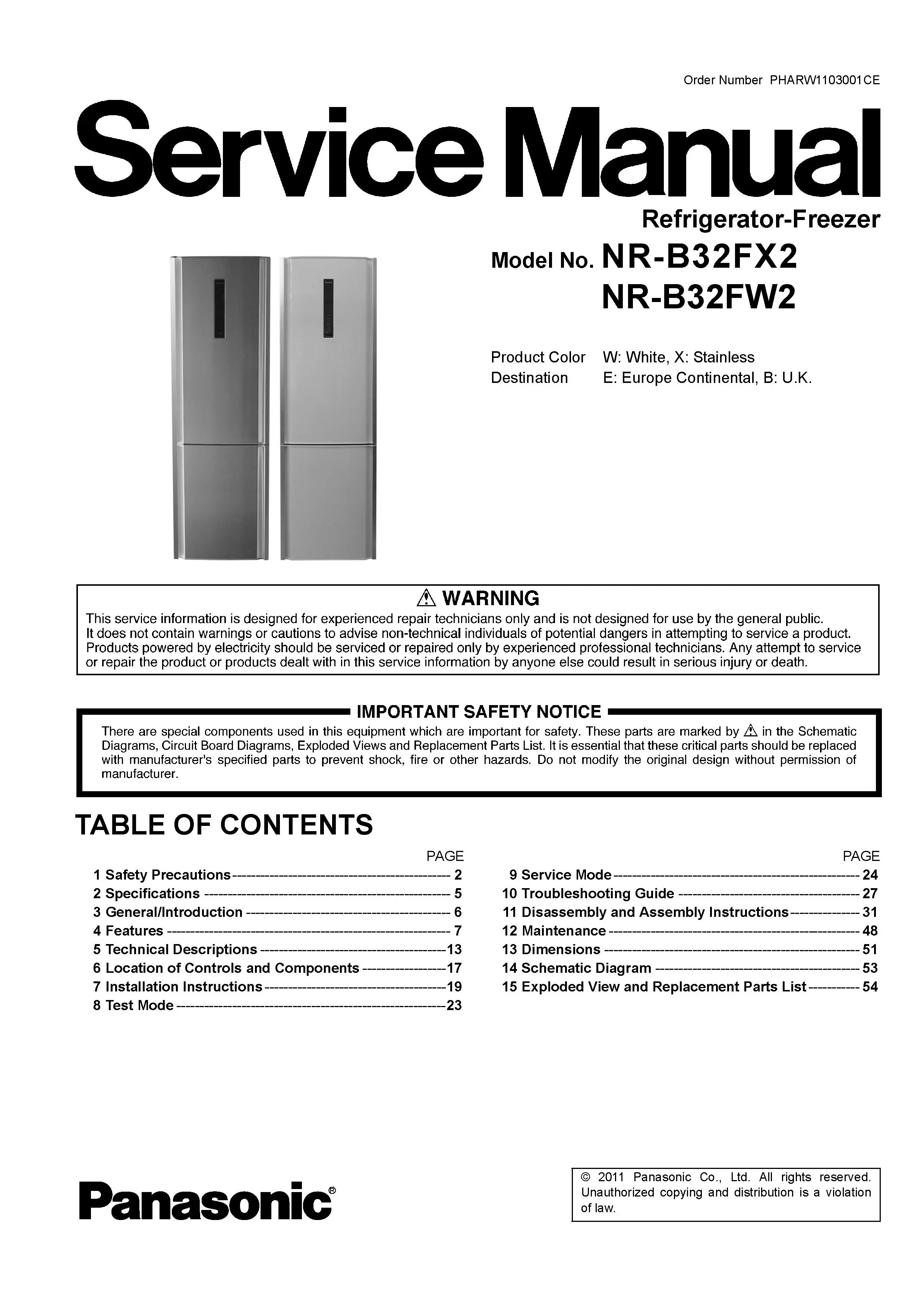 Panasonic nr b32fx2 b32fw2 service manual cover with LG logo, service website path, washer model codes and service caution notice