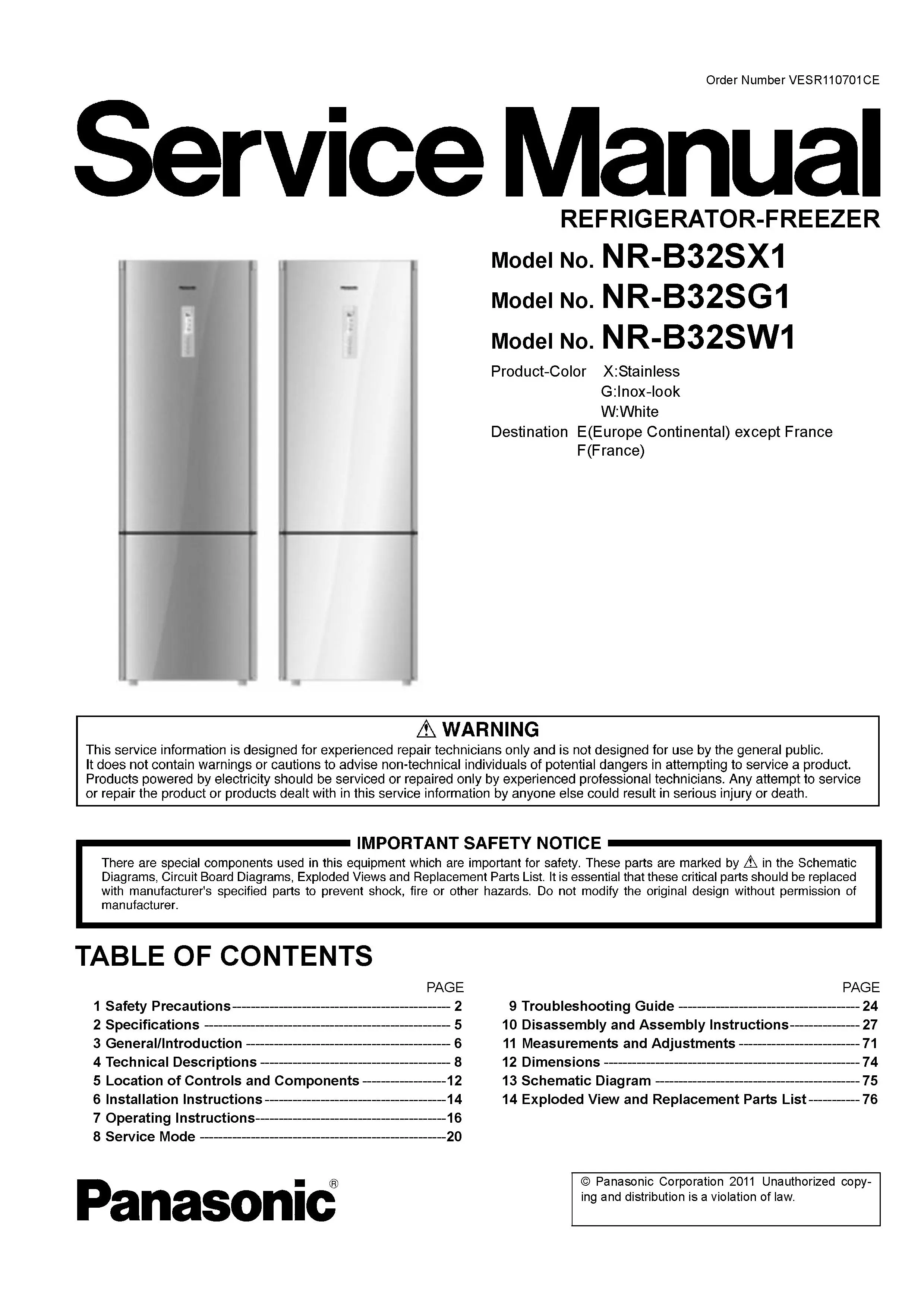 Panasonic nr b32sx1 b32sg1 b32sw1 service manual cover with LG logo, service website path, washer model codes and service caution notice