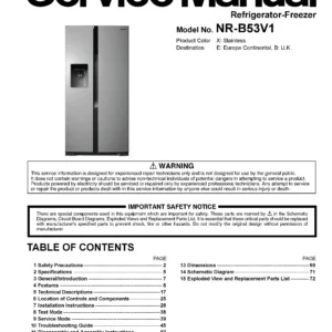 Panasonic nr b53v1 service manual cover with LG logo, service website path, washer model codes and service caution notice