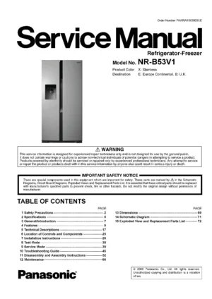 Panasonic nr b53v1 service manual cover with LG logo, service website path, washer model codes and service caution notice
